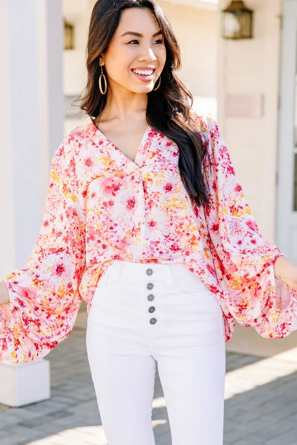 Floral Bubble Sleeve V Neck Blouse