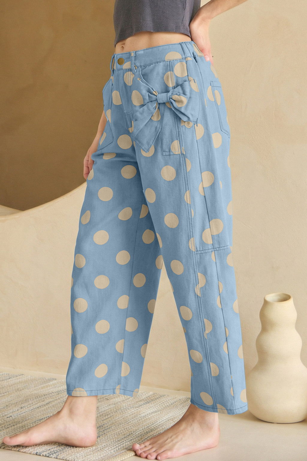 White Polka Dot Print Bow Detail Pocketed Jeans