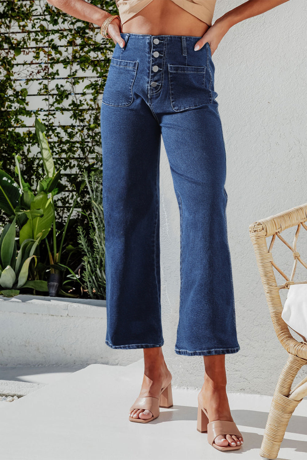 Blue High Waist Button Front Wide Leg Cropped Jeans