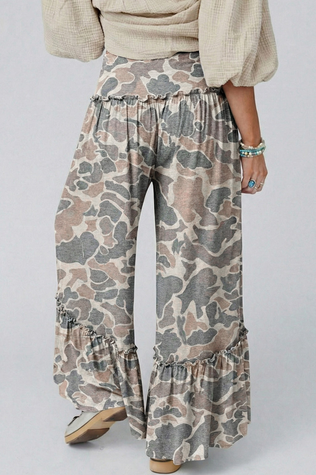 Beige Camo Print Wide Leg Casual Pants