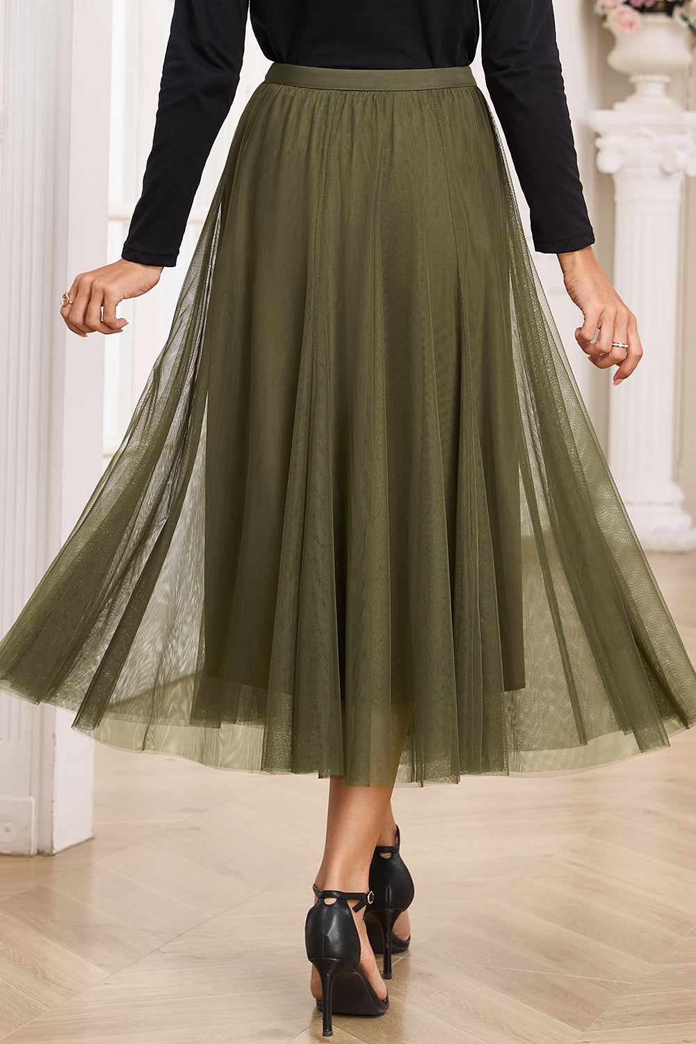 Tulle Mesh Overlay Flared Midi Skirt
