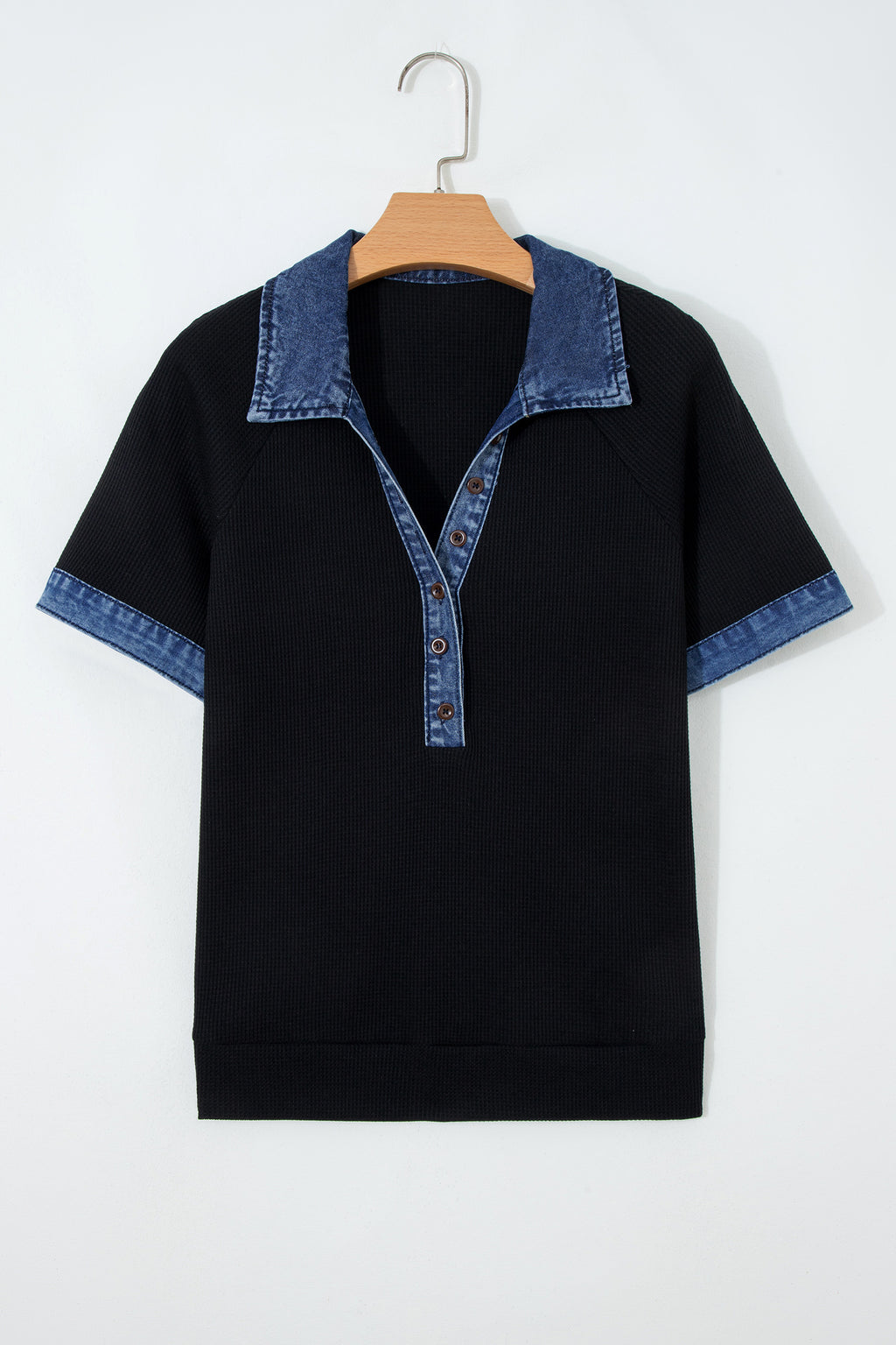 Knit Denim Contrast Trim Patchwork Button Polo Collar Top