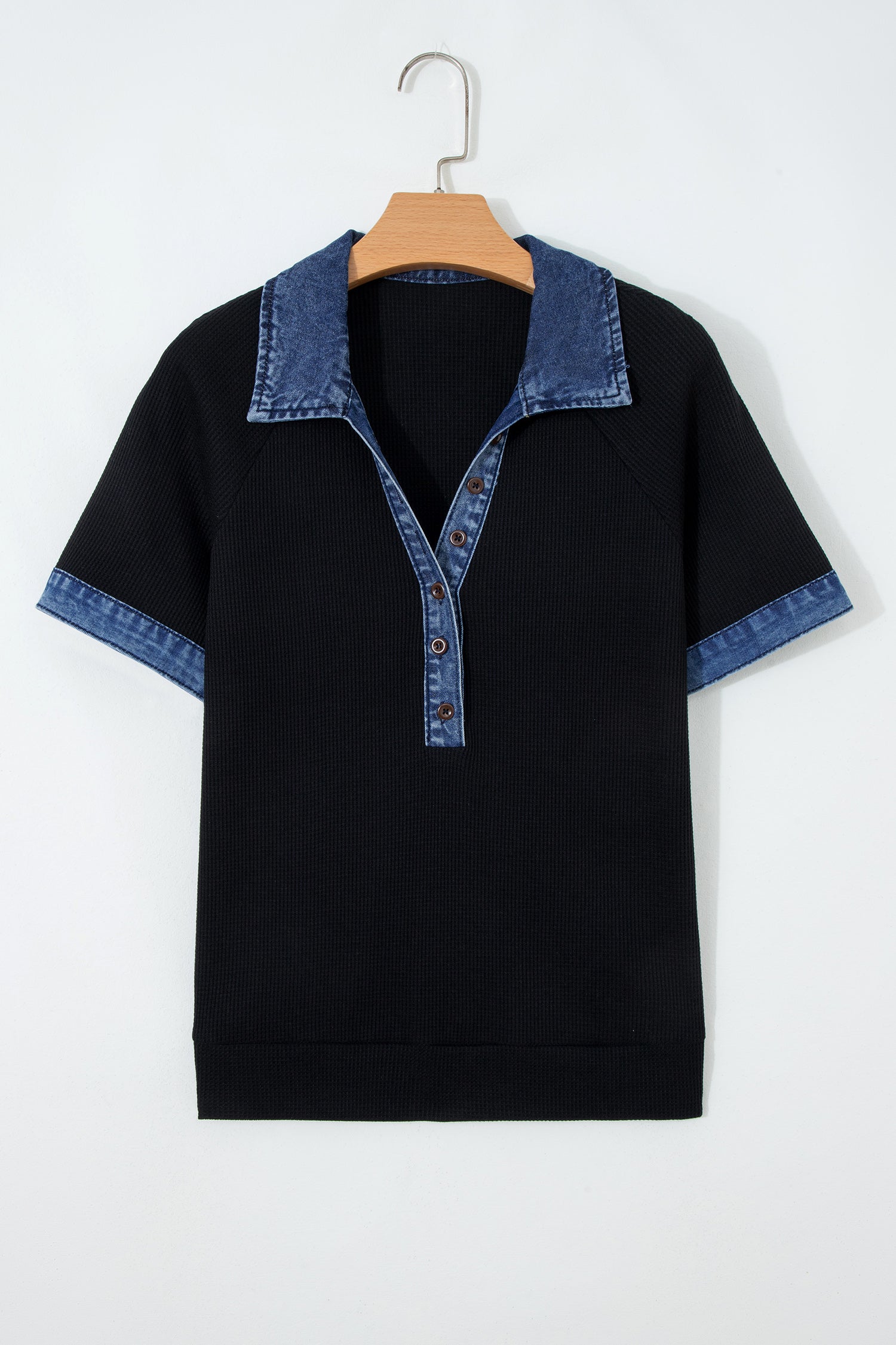 Knit Denim Contrast Trim Patchwork Button Polo Collar Top