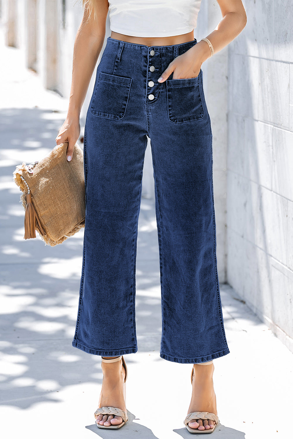 Blue High Waist Button Front Wide Leg Cropped Jeans