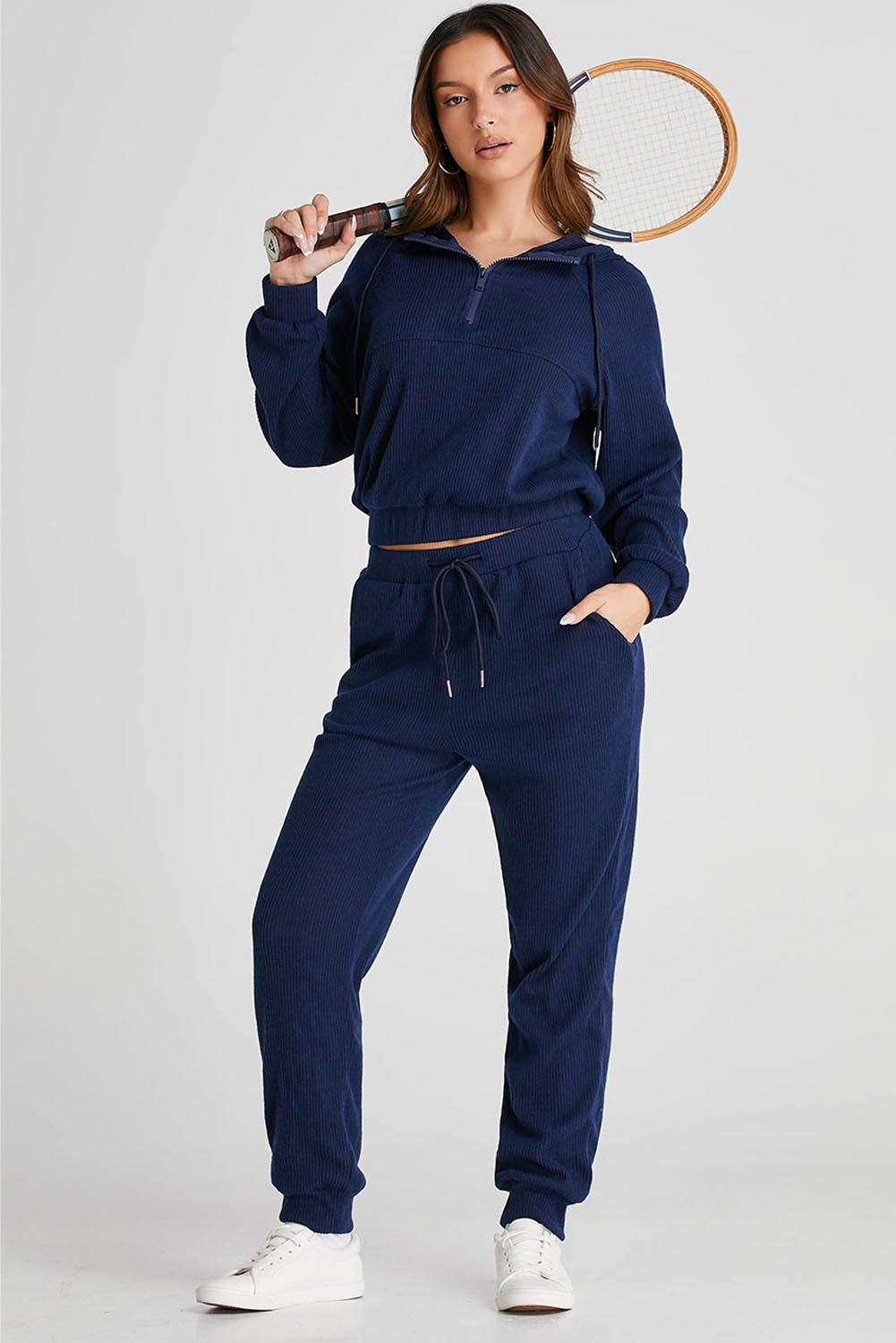Ribbed Knit Cropped Hoodie and Drawstring Joggers