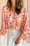 Floral Bubble Sleeve V Neck Blouse
