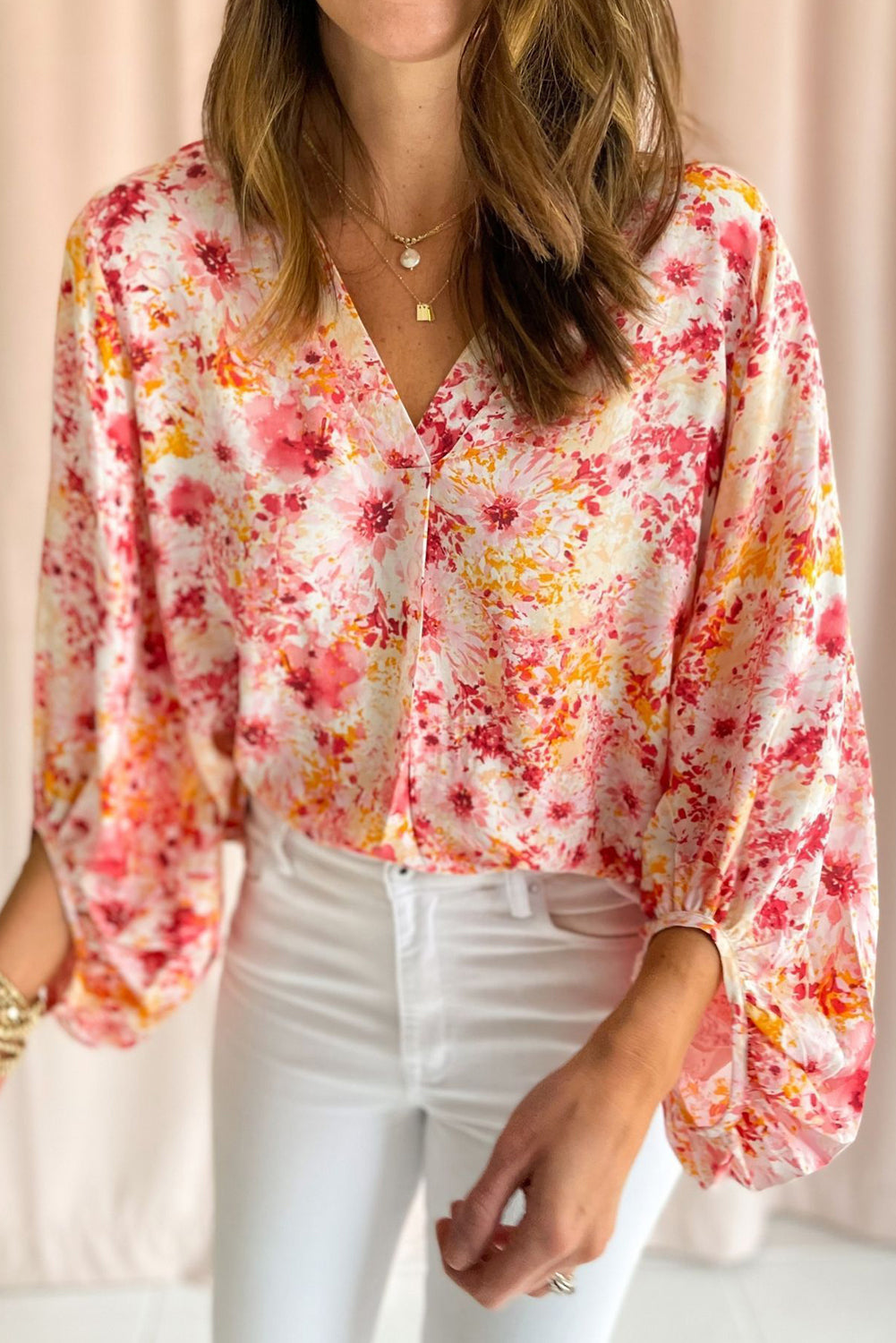 Floral Bubble Sleeve V Neck Blouse
