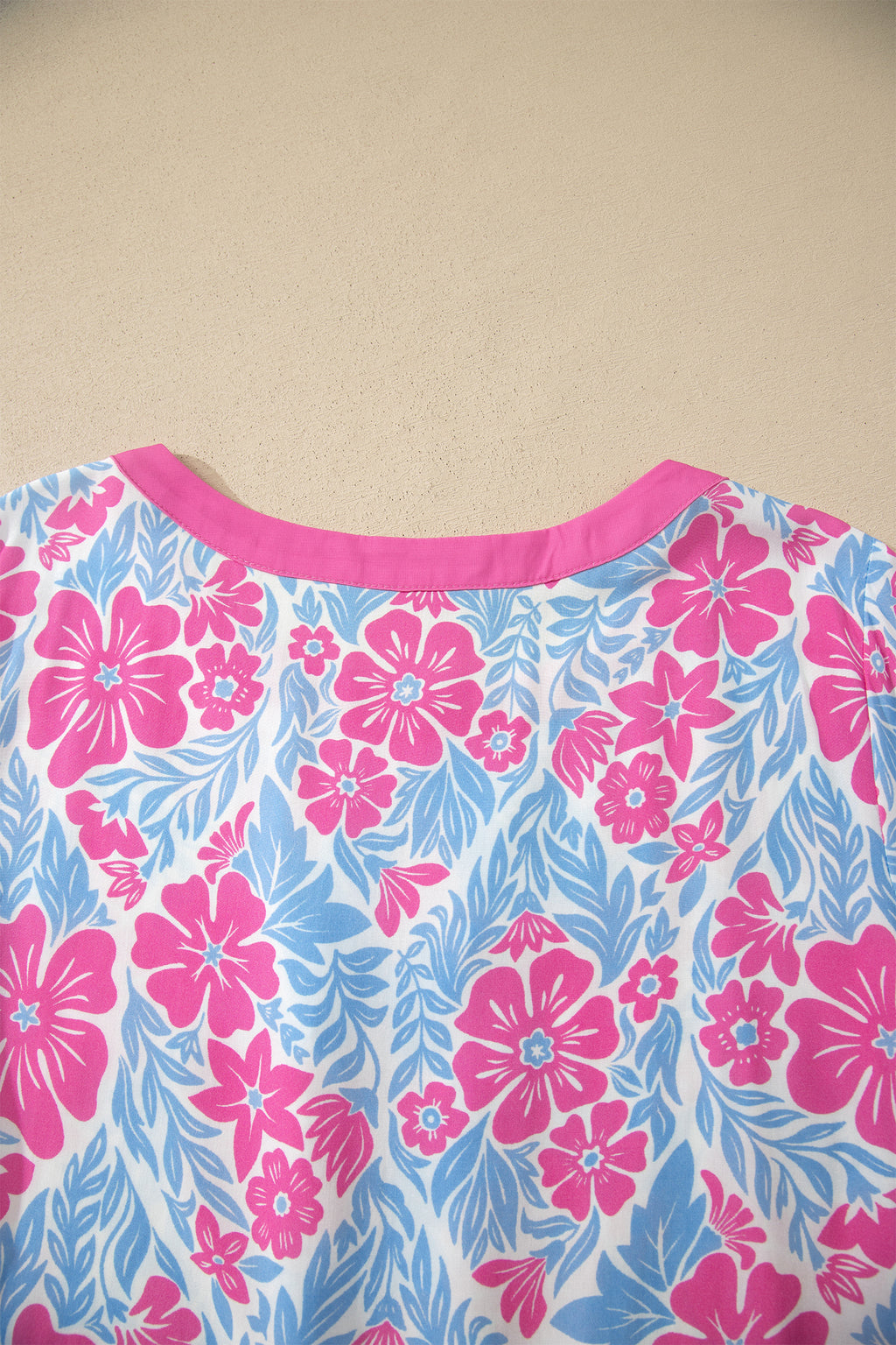 Floral Print Ruffled Color Block Trim Half Sleeve Blouse