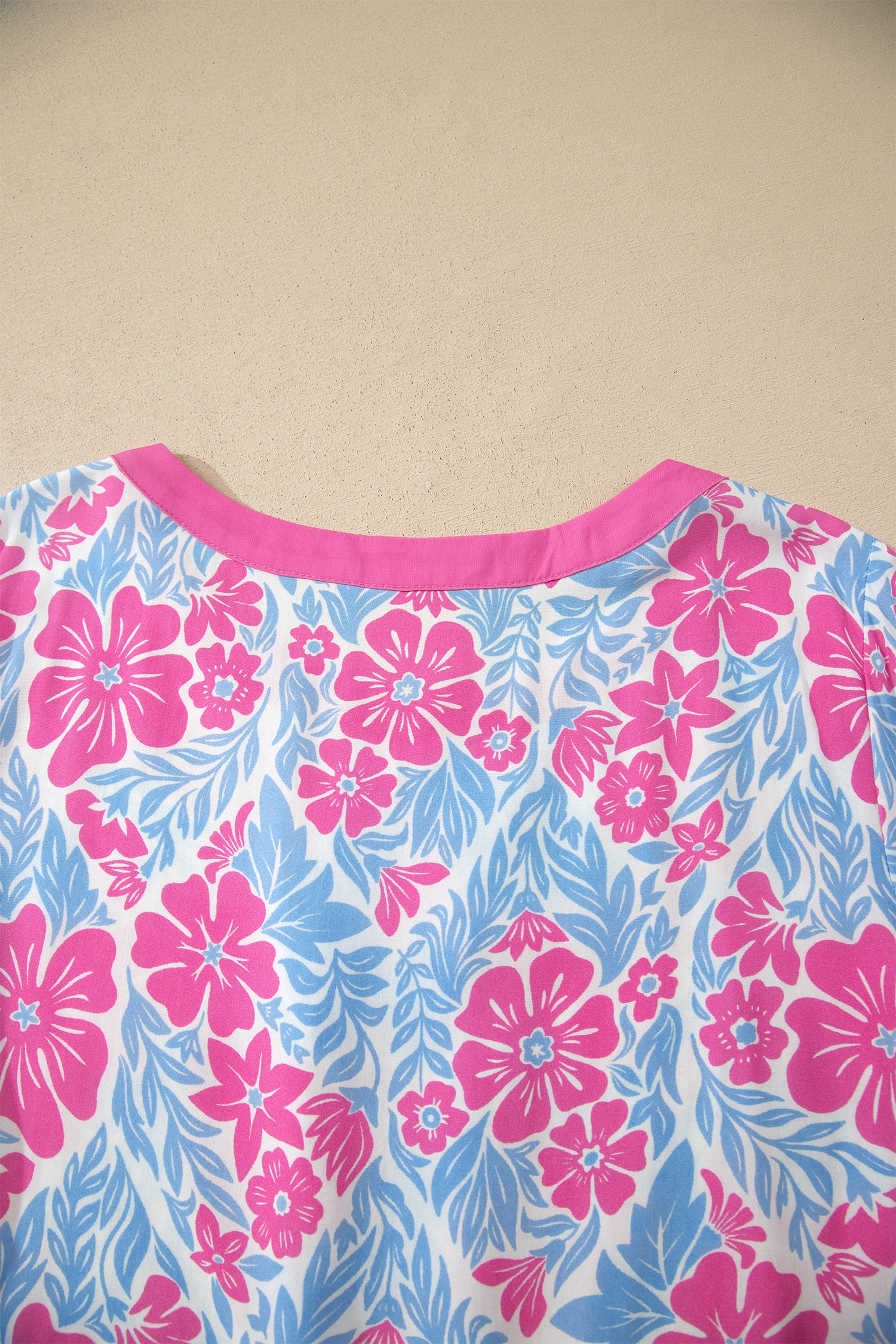 Floral Print Ruffled Color Block Trim Half Sleeve Blouse