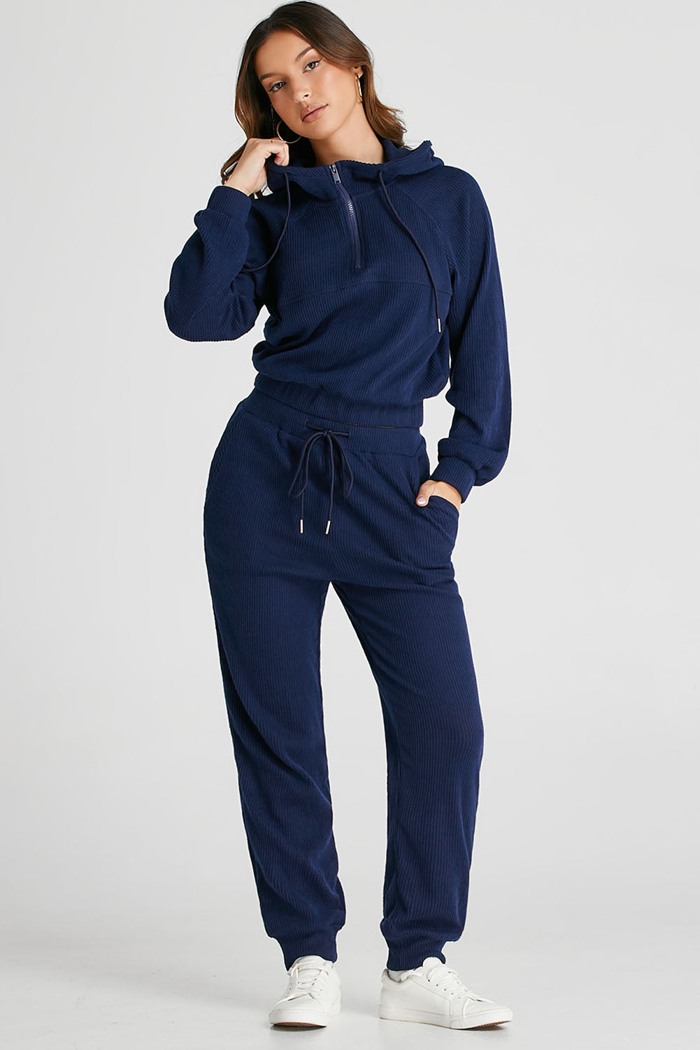Ribbed Knit Cropped Hoodie and Drawstring Joggers