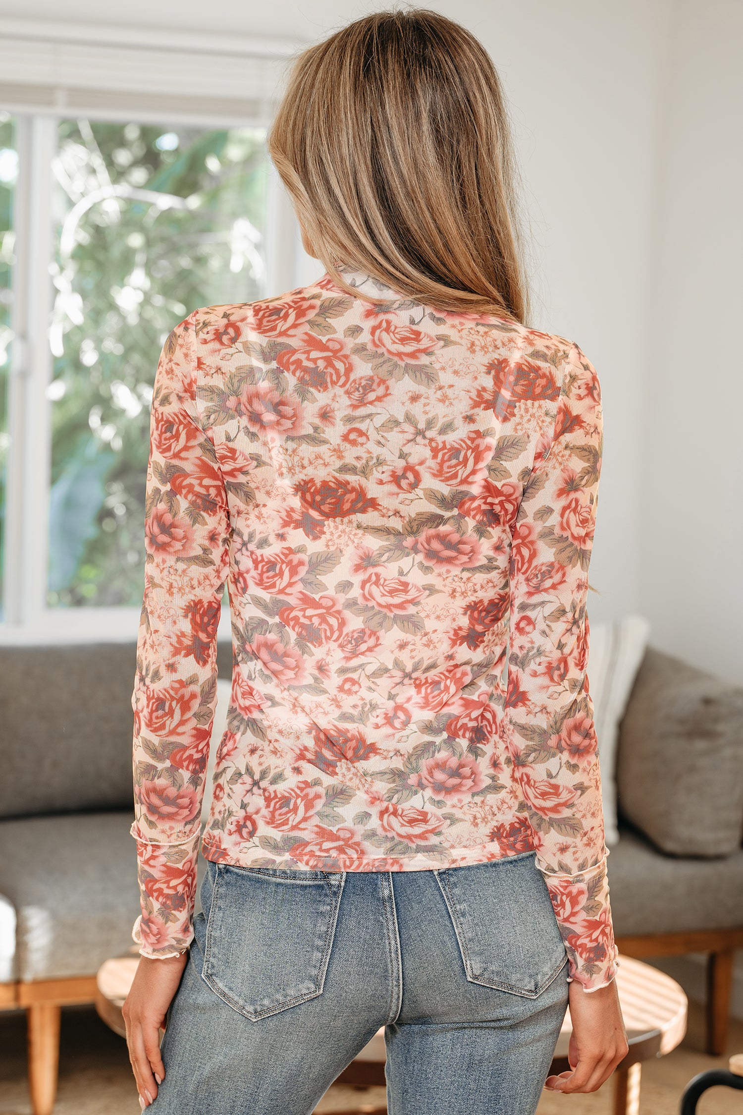 Neck Mesh Long Sleeve Top