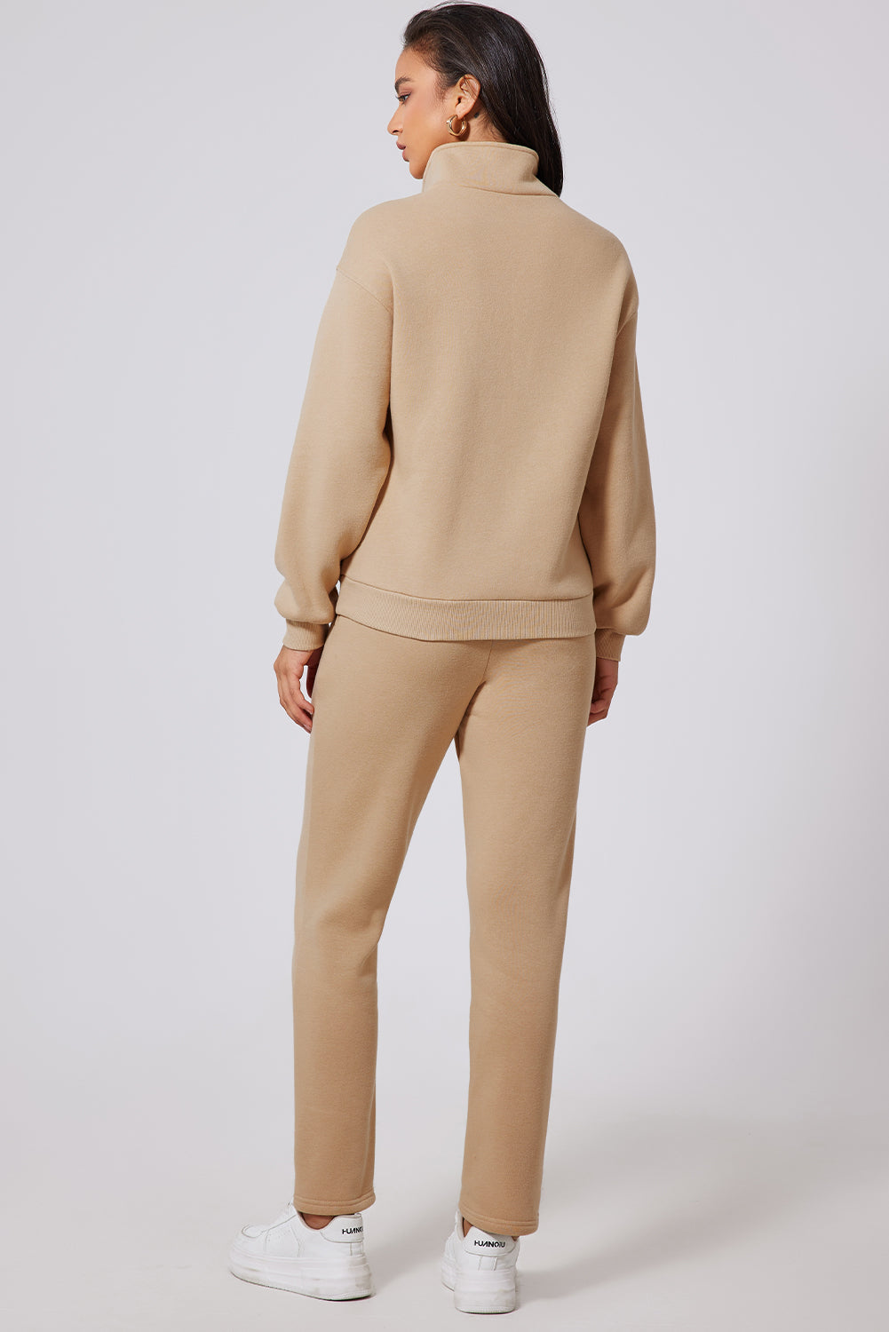 Parchment Solid Half Button Sweatshirt and High Waist