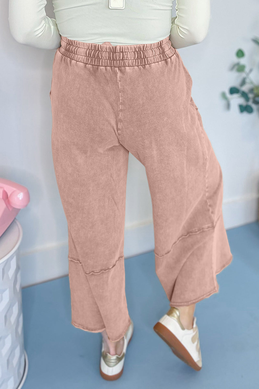 Washed Terry Knit Cropped Wide Leg Pants