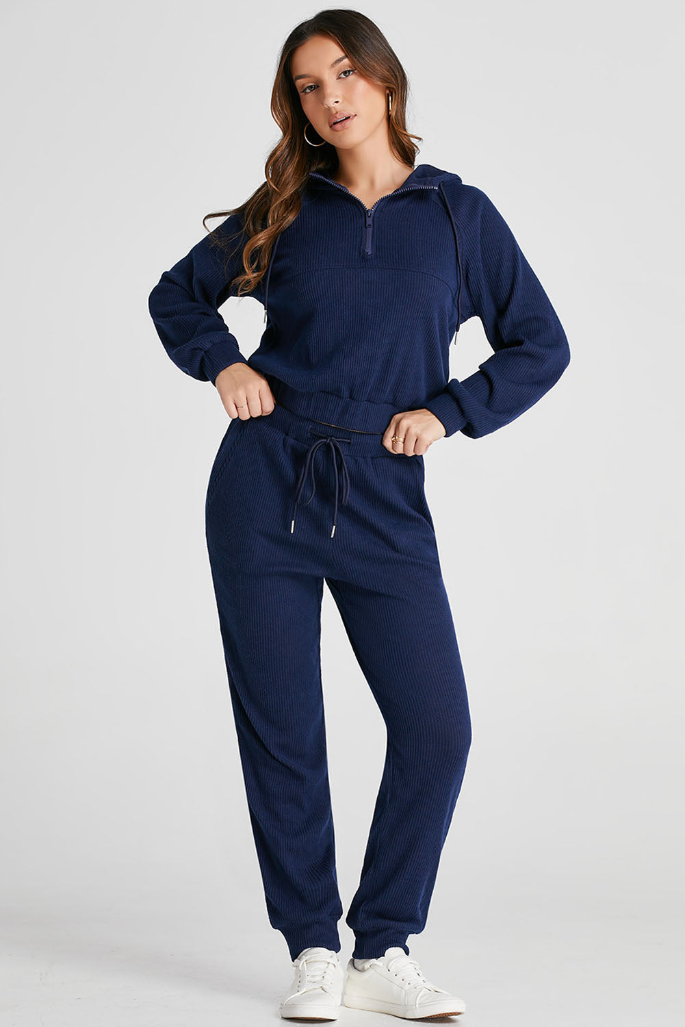 Ribbed Knit Cropped Hoodie and Drawstring Joggers