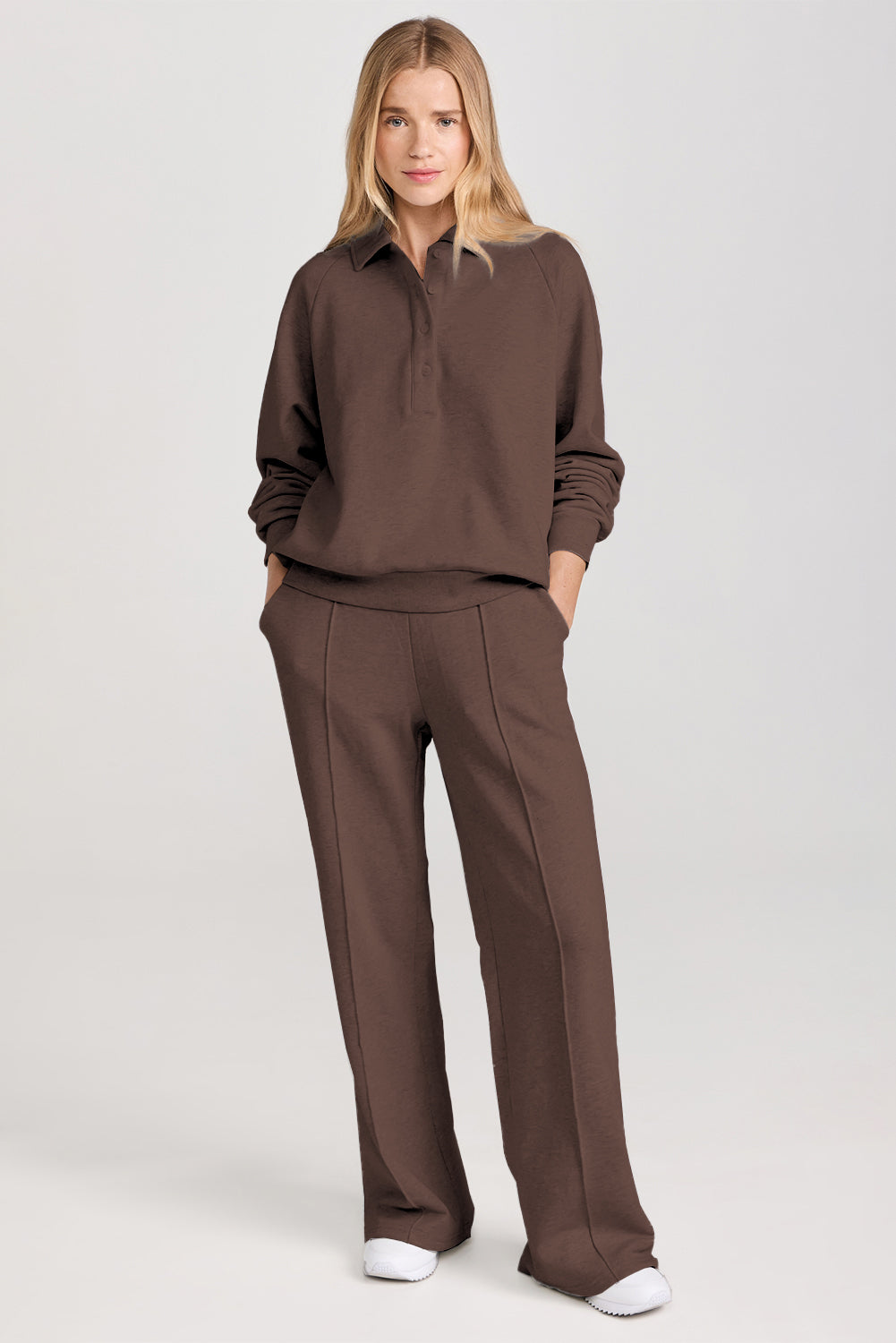 Solid Collared Sweatshirt and High Waist Pants