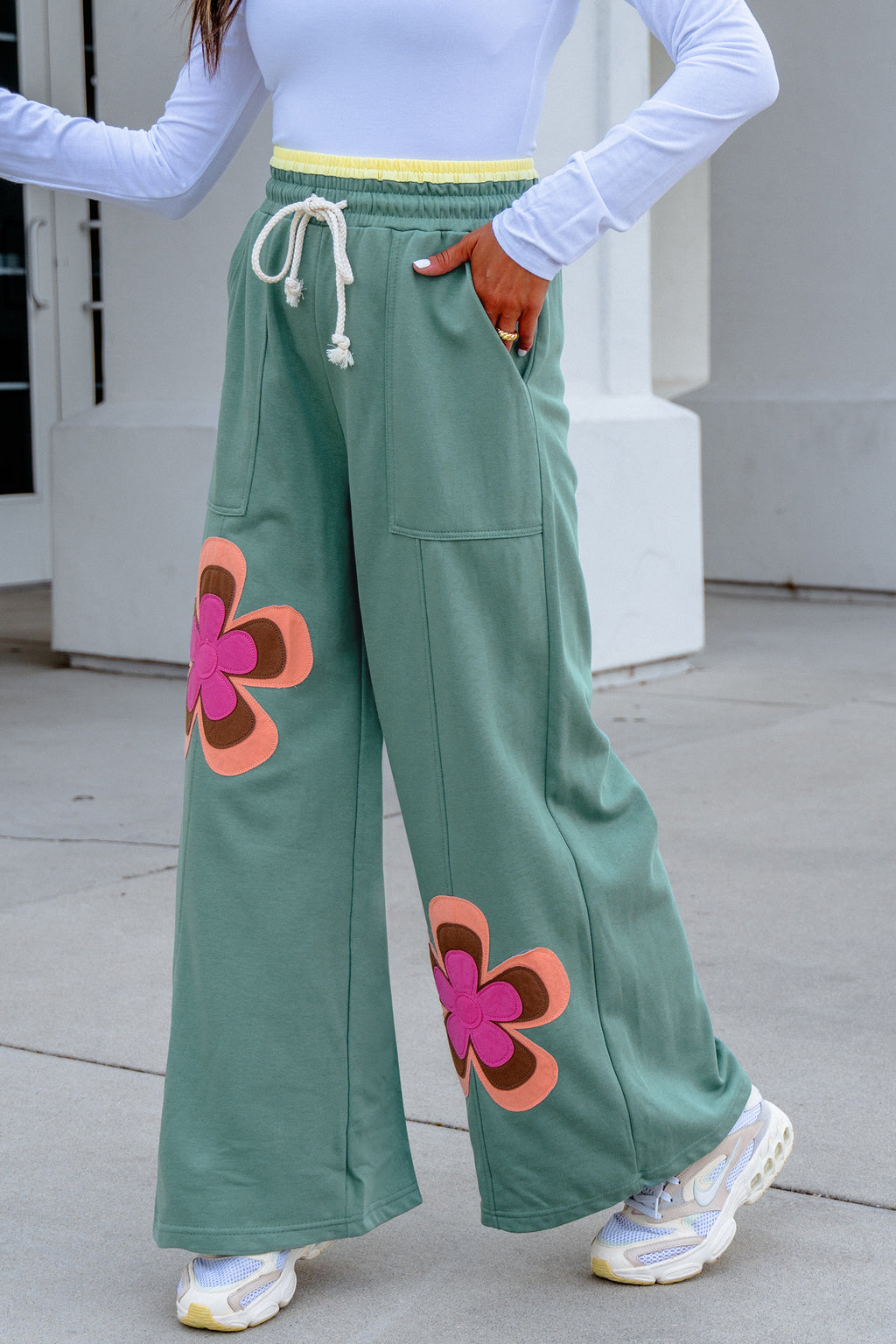 Sea Green Color Block Flower Patchwork Drawstring Contrasted Elastic Waist Wide Leg Pants