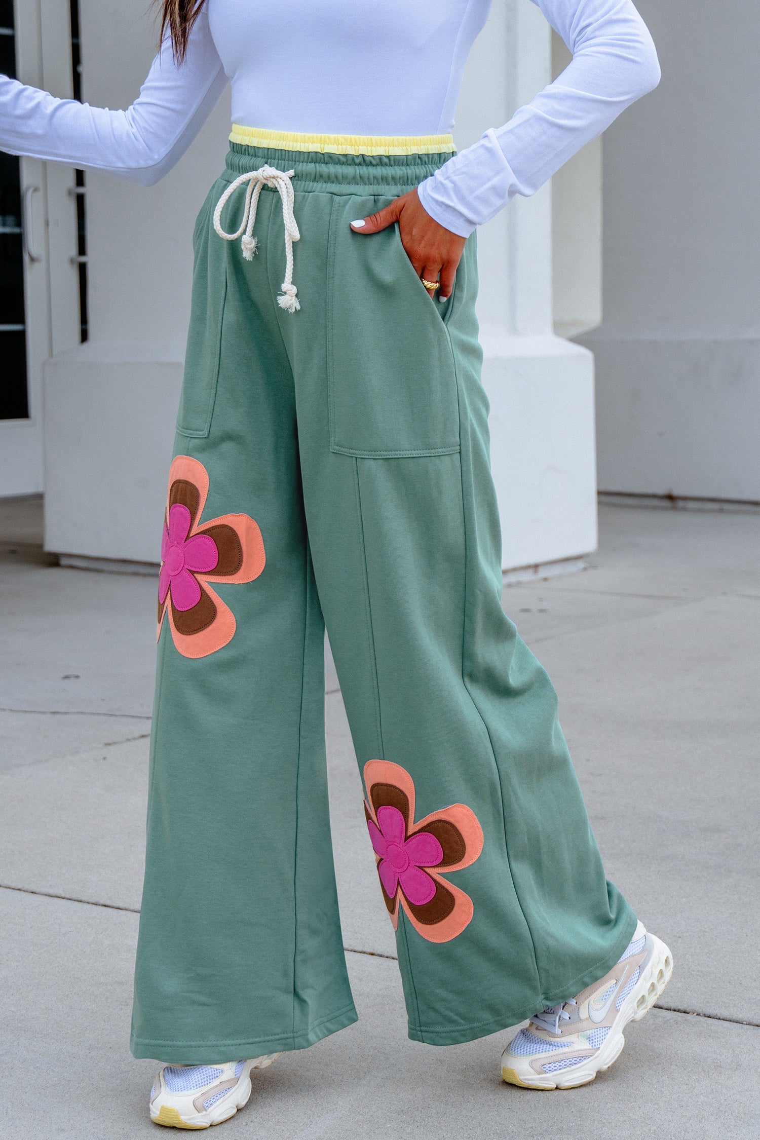 Sea Green Color Block Flower Patchwork Drawstring Contrasted Elastic Waist Wide Leg Pants