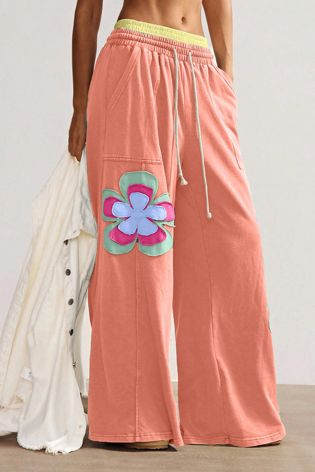 Sea Green Color Block Flower Patchwork Drawstring Contrasted Elastic Waist Wide Leg Pants
