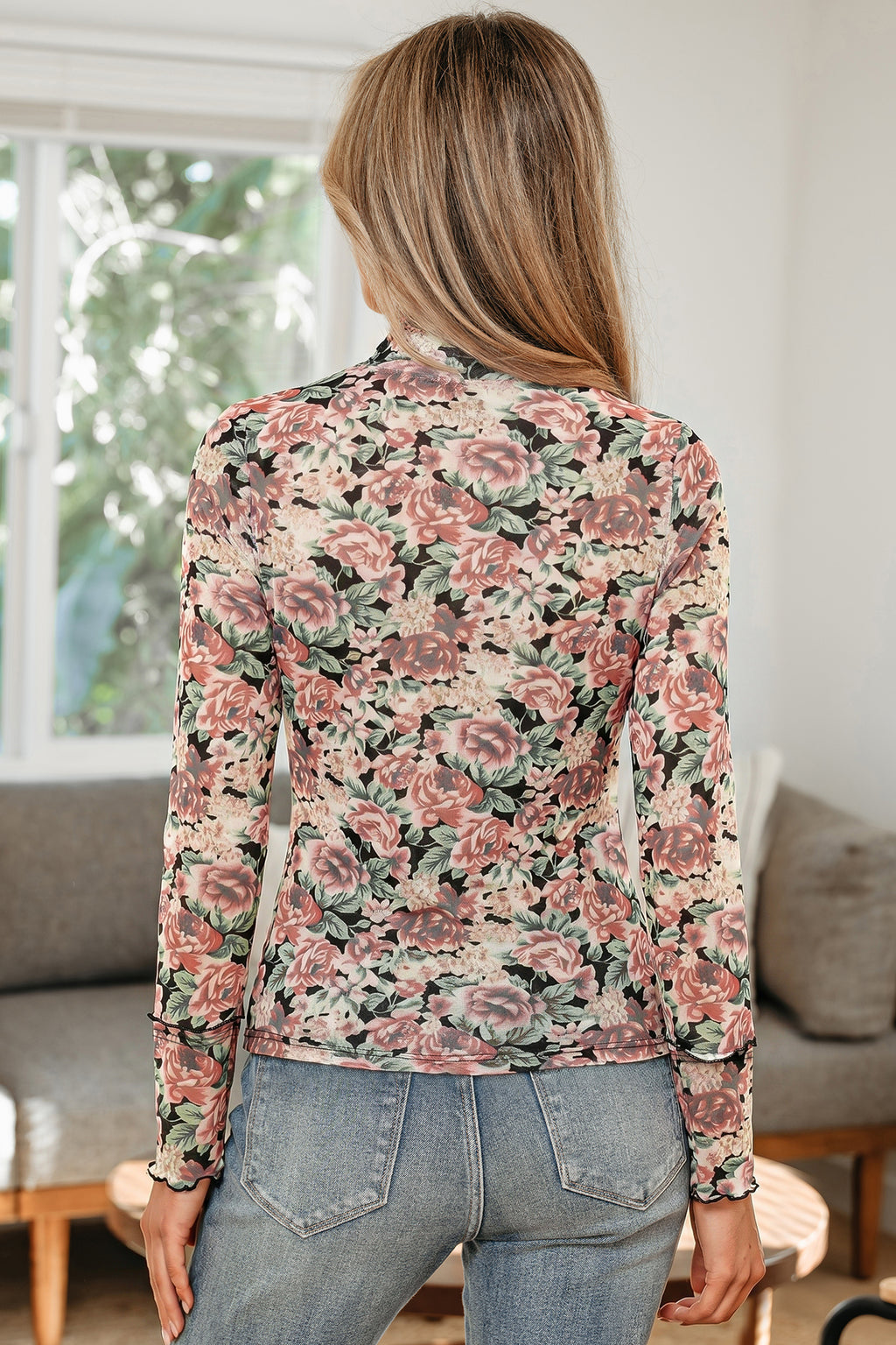 Neck Mesh Long Sleeve Top