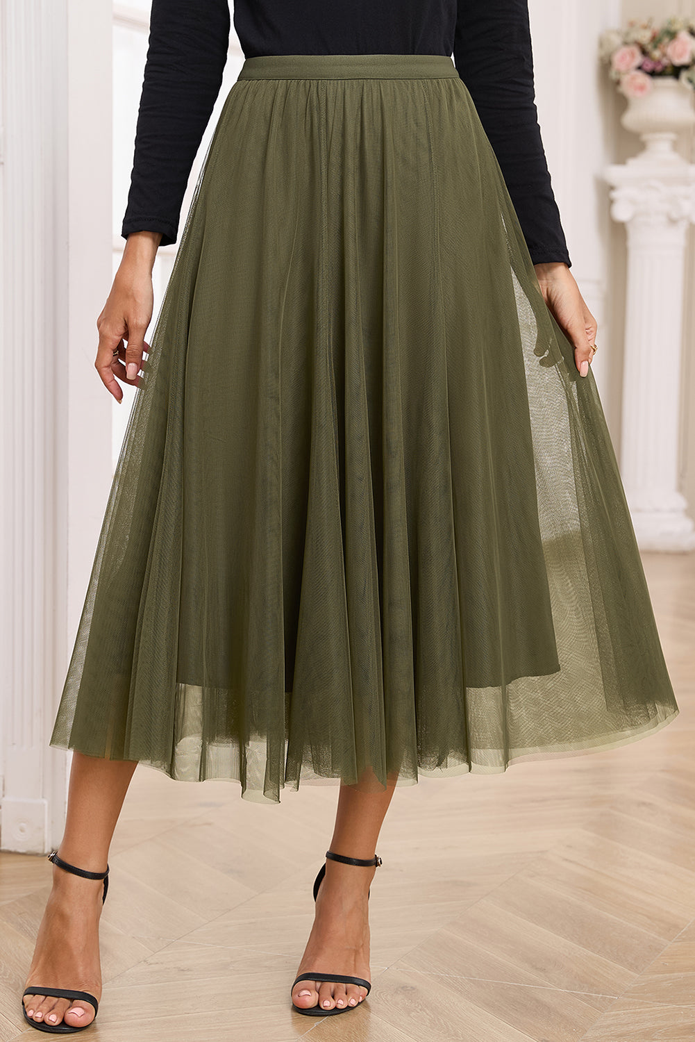 Tulle Mesh Overlay Flared Midi Skirt