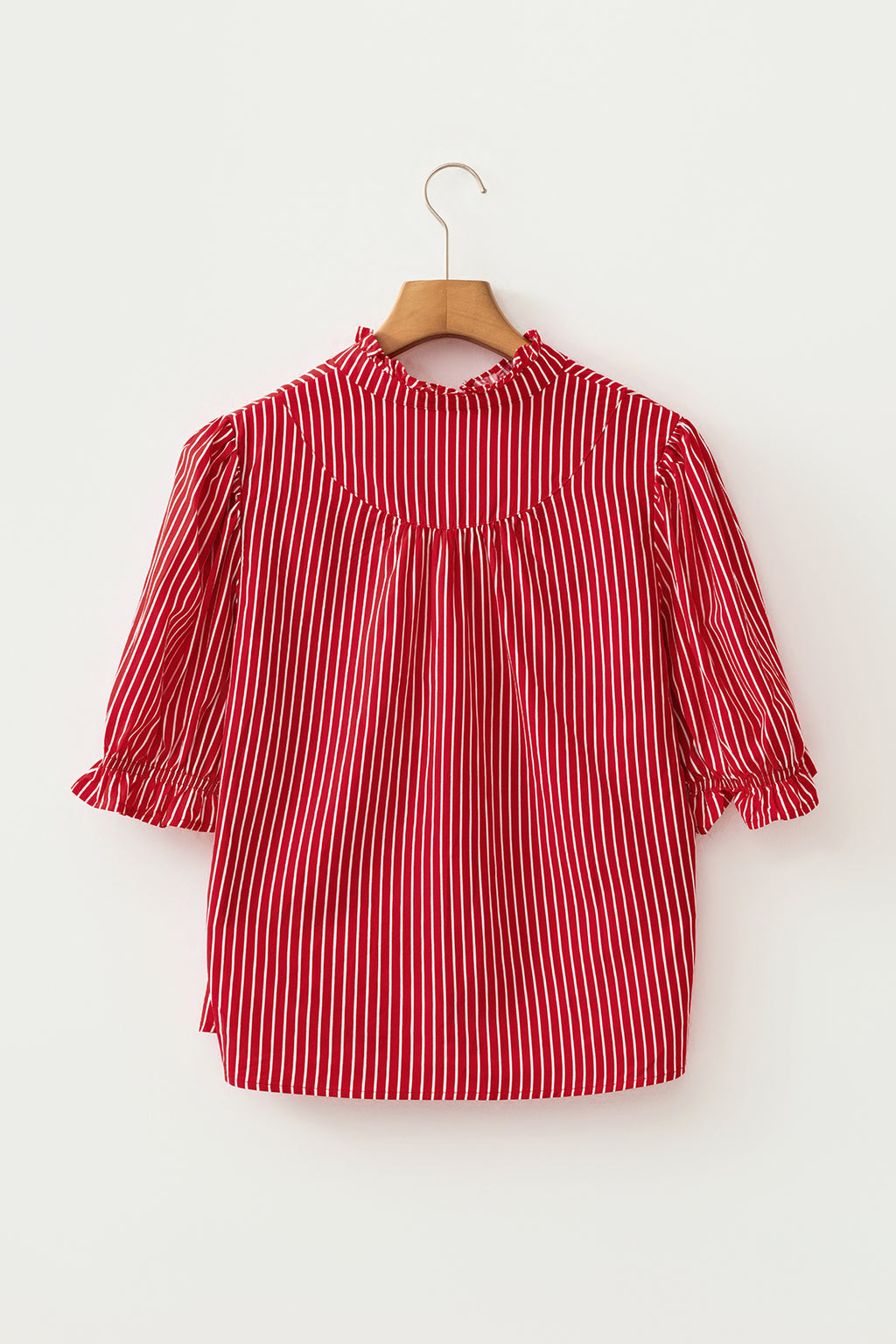 Blue Stripe Ruffled Short Puff Sleeve Button Front Blouse