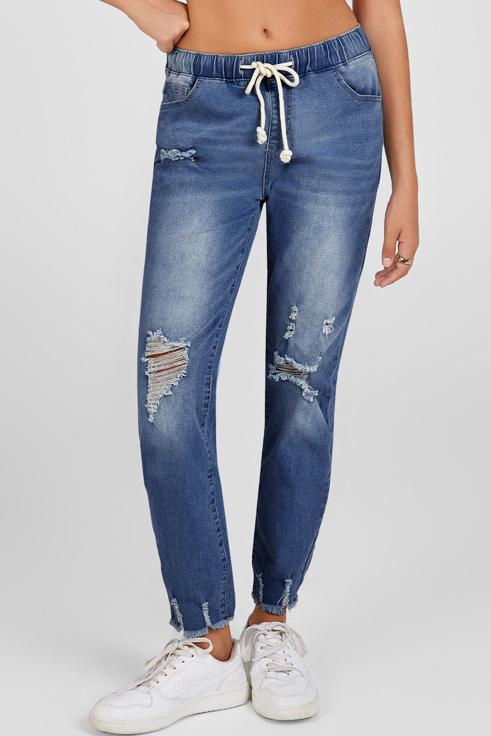 Elastic Waist Straight Leg Destroyed Raw Hem Jeans