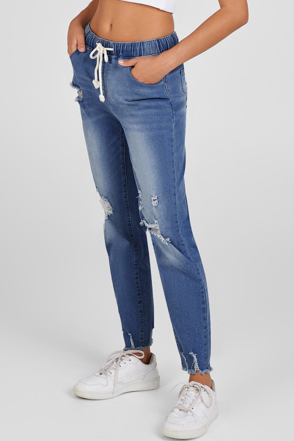 Elastic Waist Straight Leg Destroyed Raw Hem Jeans