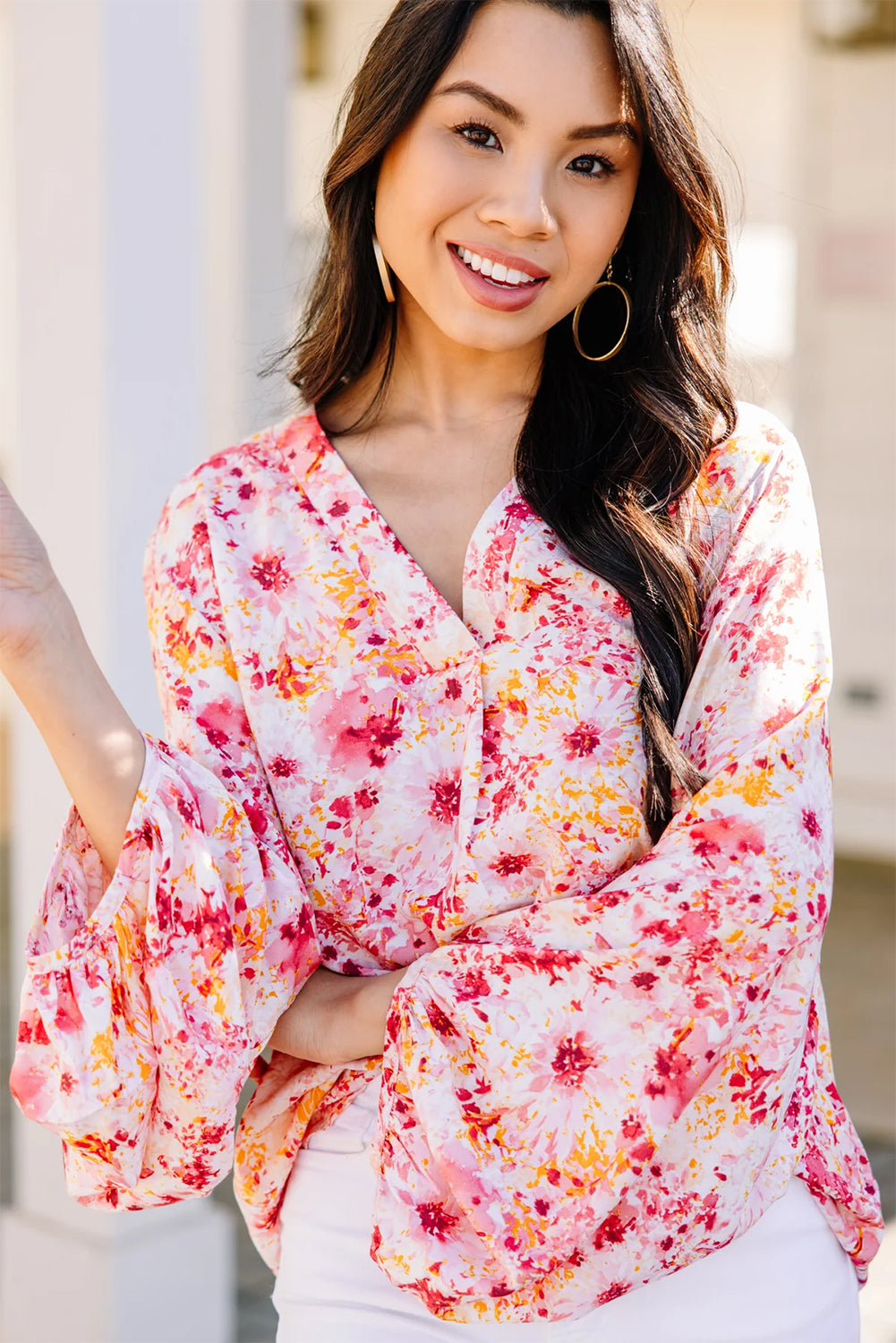 Floral Bubble Sleeve V Neck Blouse