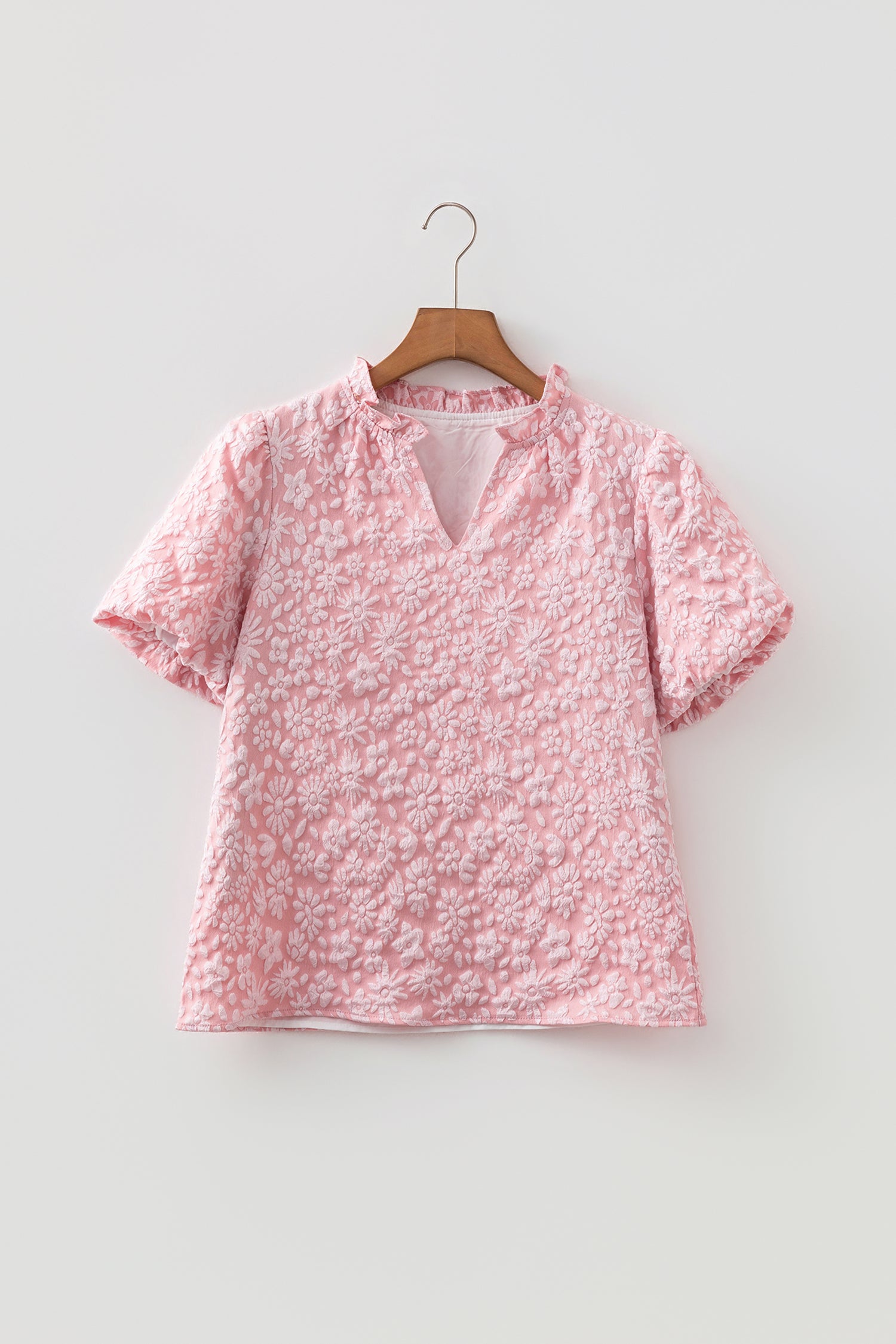 Iceland Blue Floral Textured Jacquard Puff Sleeve Blouse