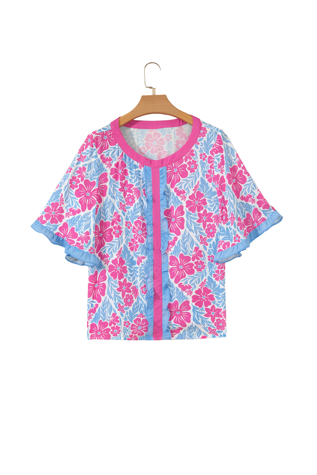 Floral Print Ruffled Color Block Trim Half Sleeve Blouse