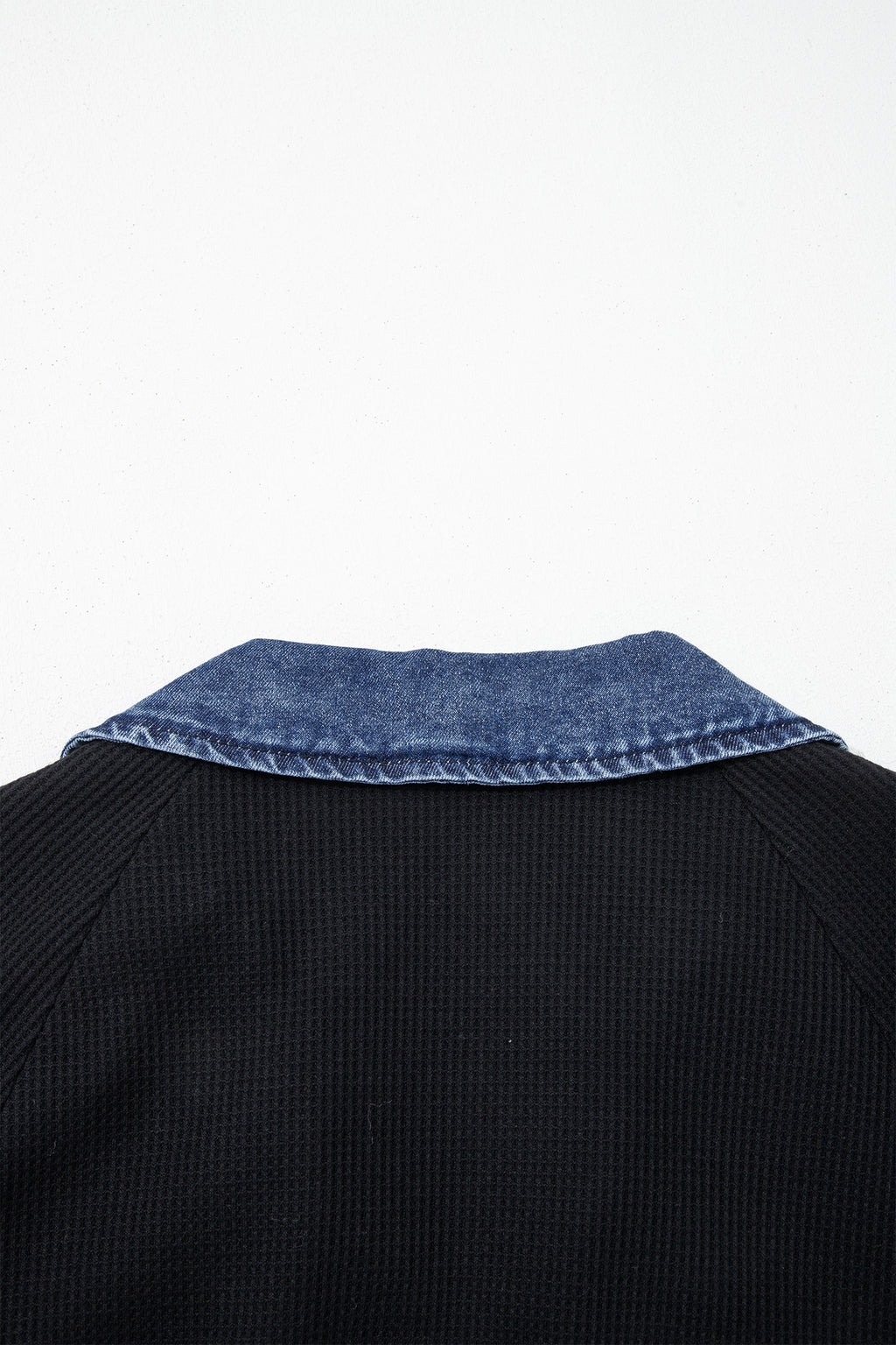 Knit Denim Contrast Trim Patchwork Button Polo Collar Top