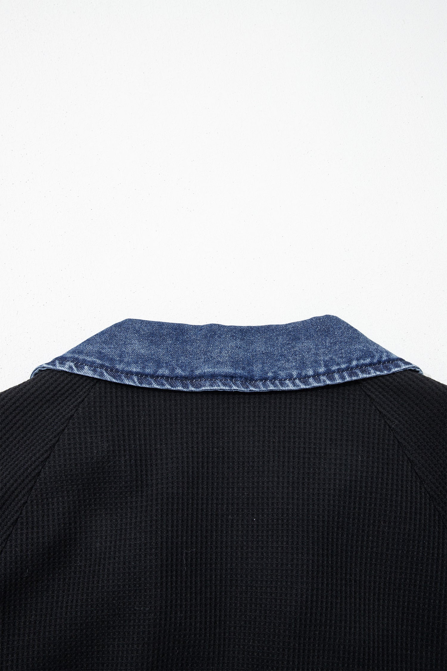 Knit Denim Contrast Trim Patchwork Button Polo Collar Top