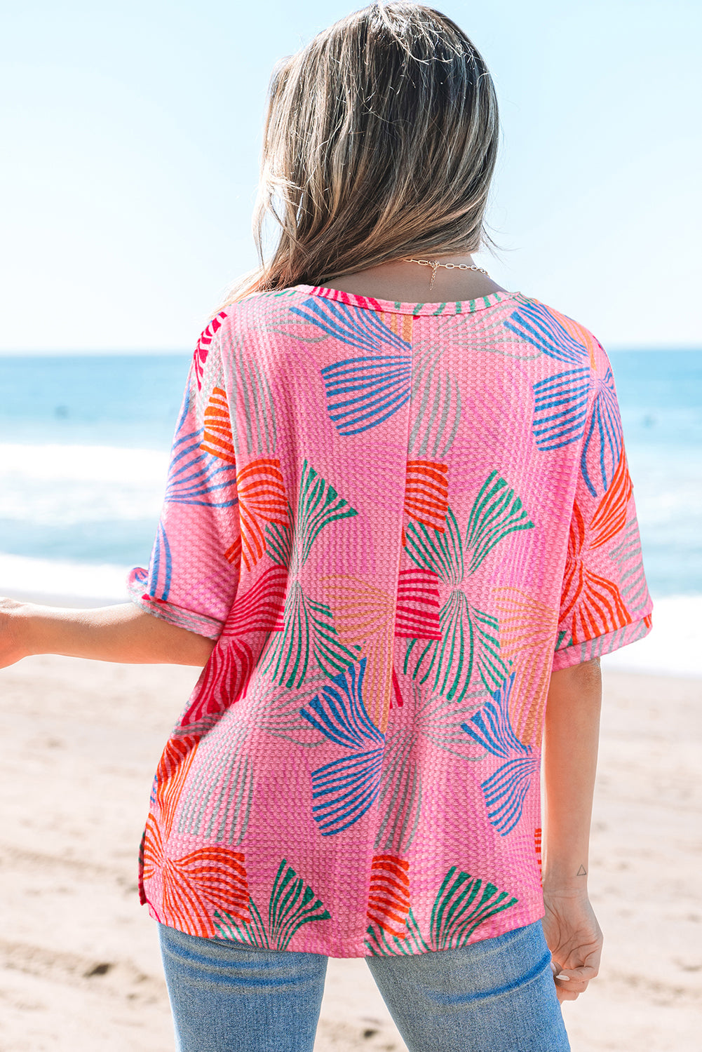 Bowknot Printed Waffle Crewneck Loose Short Sleeve Top