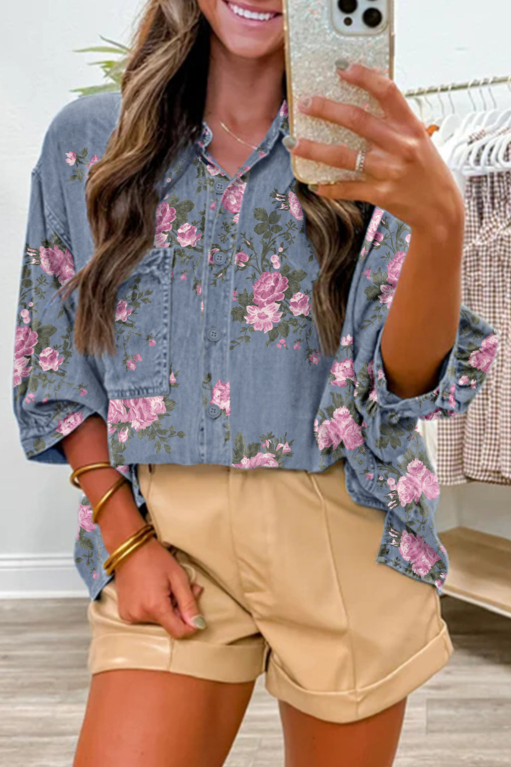 Bracelet Sleeve Floral Denim Shirt