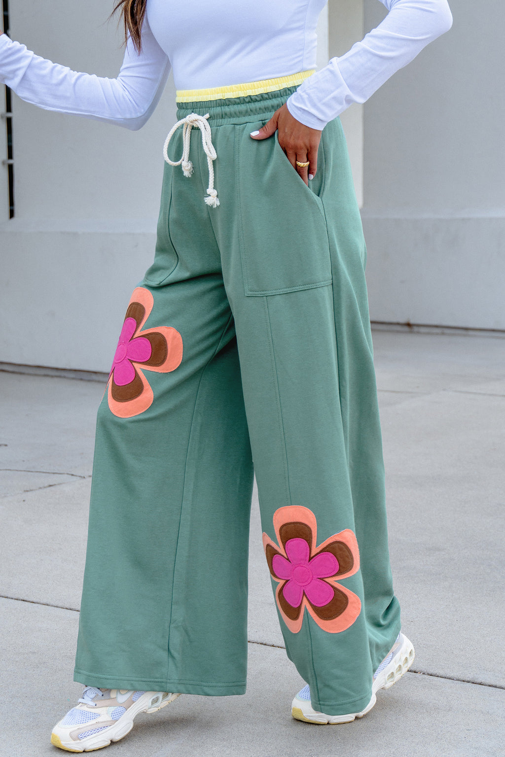 Sea Green Color Block Flower Patchwork Drawstring Contrasted Elastic Waist Wide Leg Pants