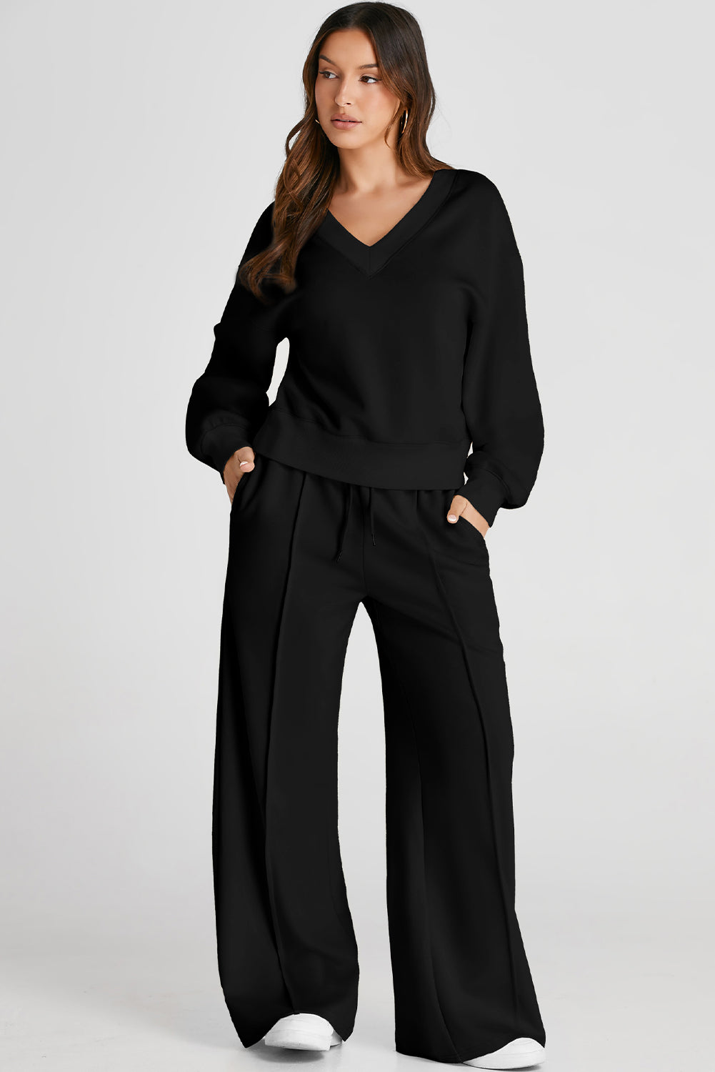 Black V Neck Cropped Seamed High Waist