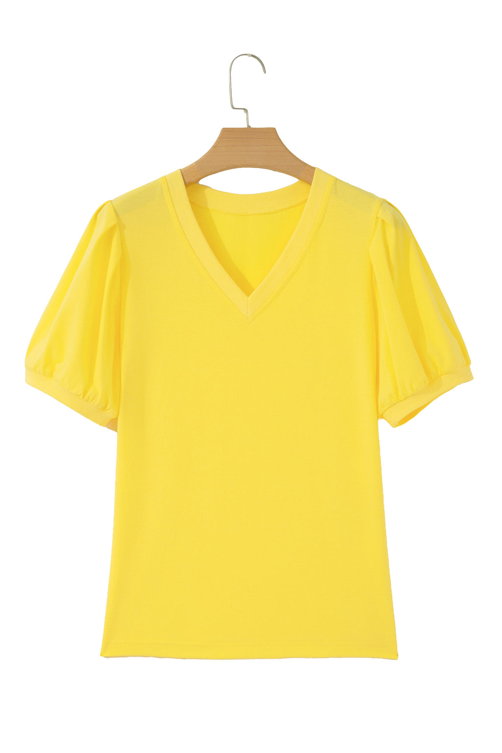 Turquoise Solid Color V Neck Short Puff Sleeve Blouse