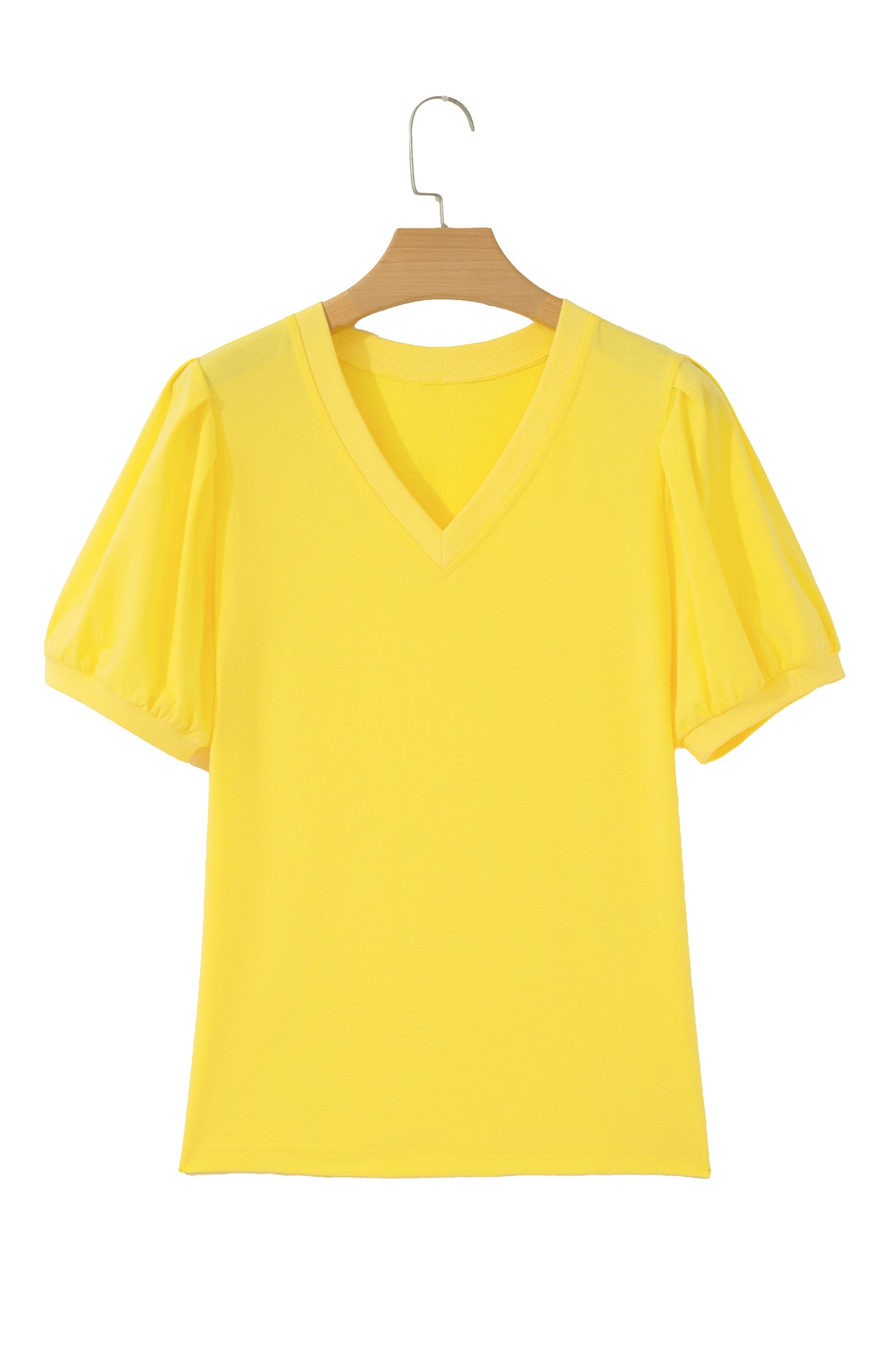 Turquoise Solid Color V Neck Short Puff Sleeve Blouse