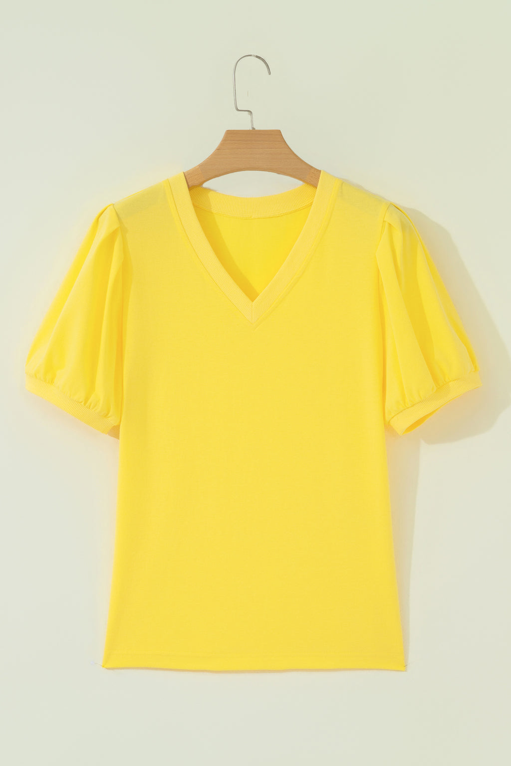 Turquoise Solid Color V Neck Short Puff Sleeve Blouse