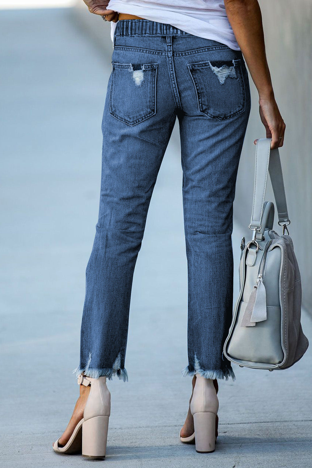 Elastic Waist Straight Leg Destroyed Raw Hem Jeans