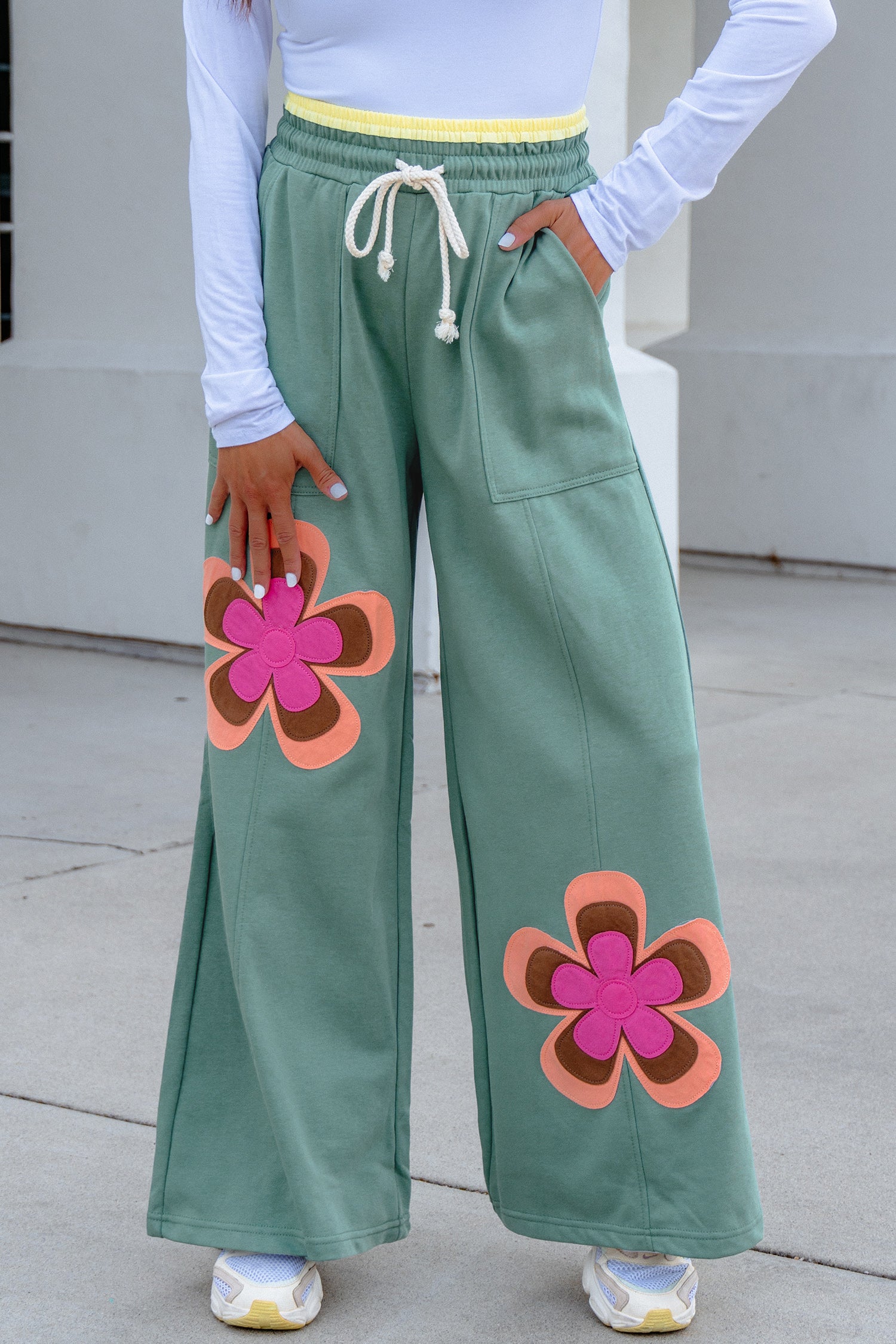 Sea Green Color Block Flower Patchwork Drawstring Contrasted Elastic Waist Wide Leg Pants