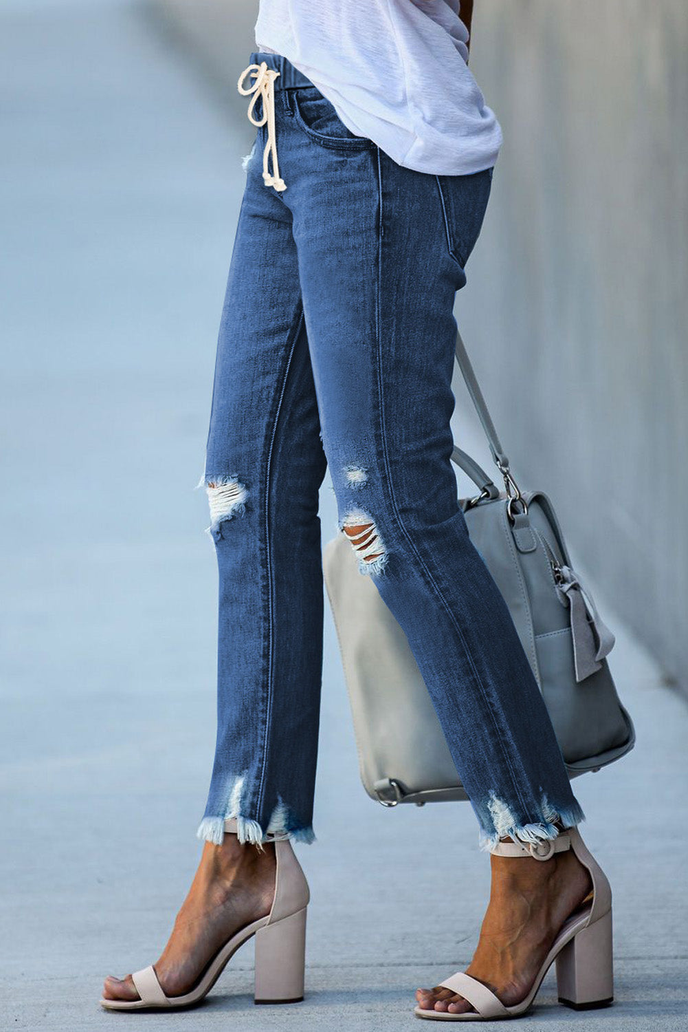 Elastic Waist Straight Leg Destroyed Raw Hem Jeans