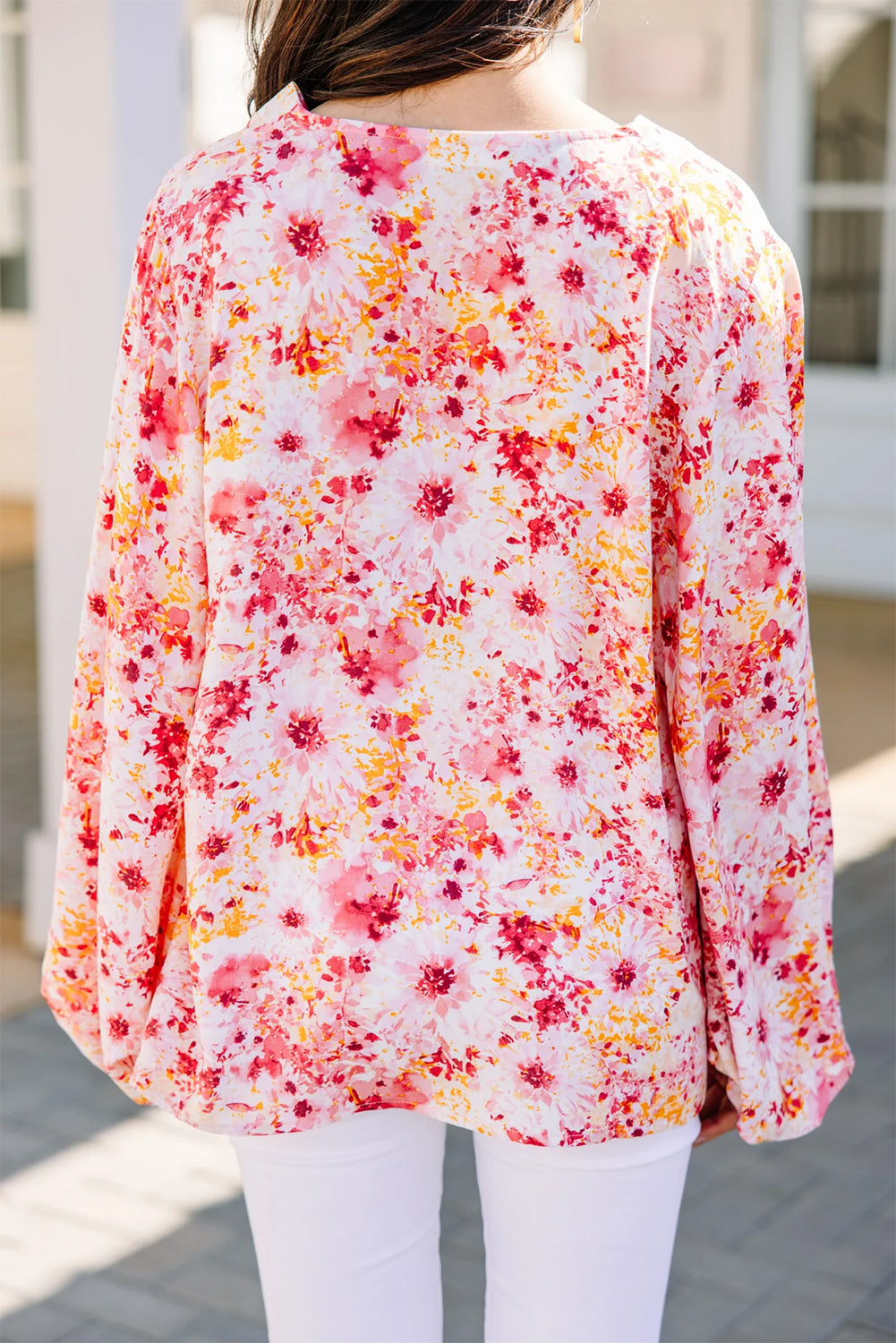 Floral Bubble Sleeve V Neck Blouse
