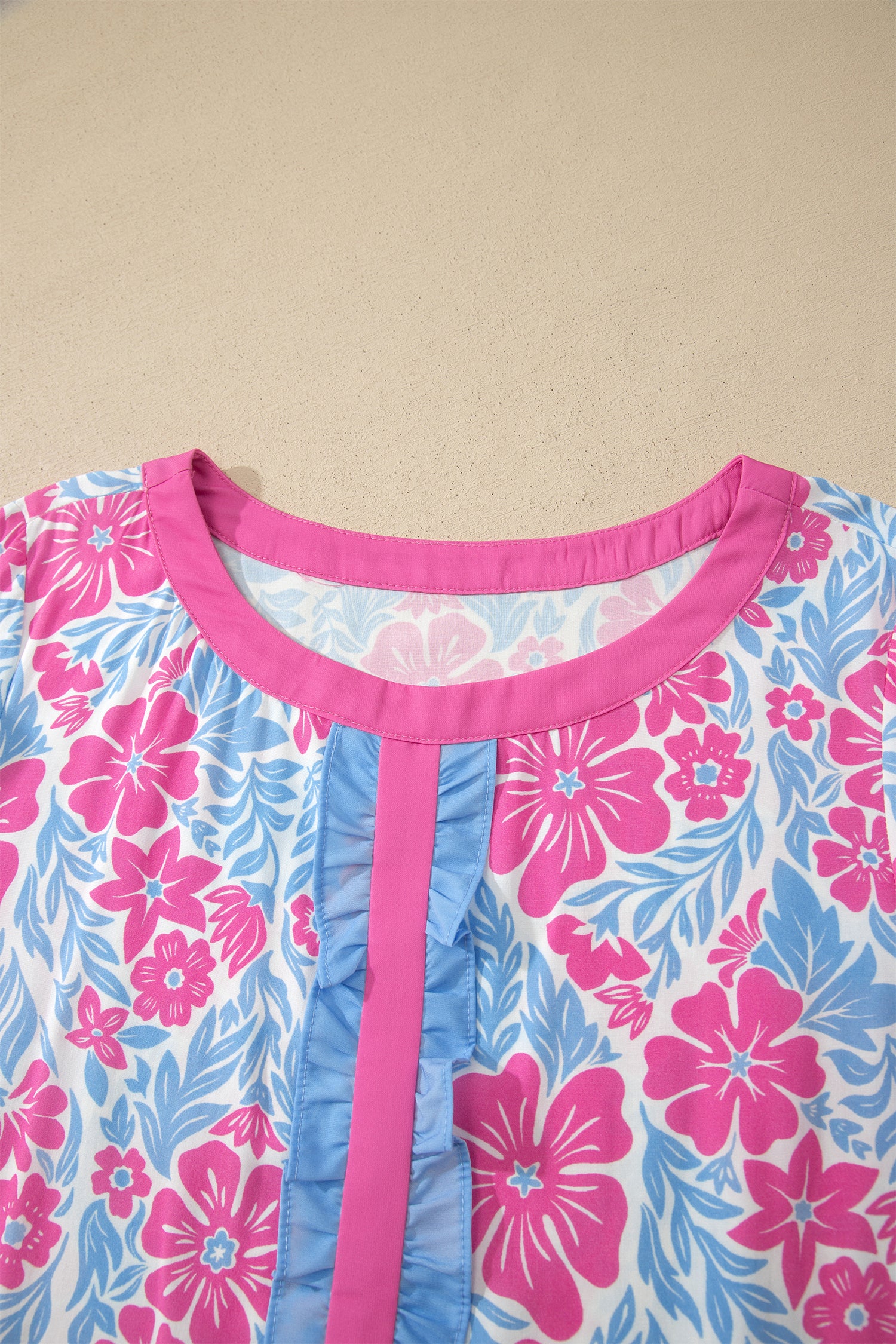 Floral Print Ruffled Color Block Trim Half Sleeve Blouse