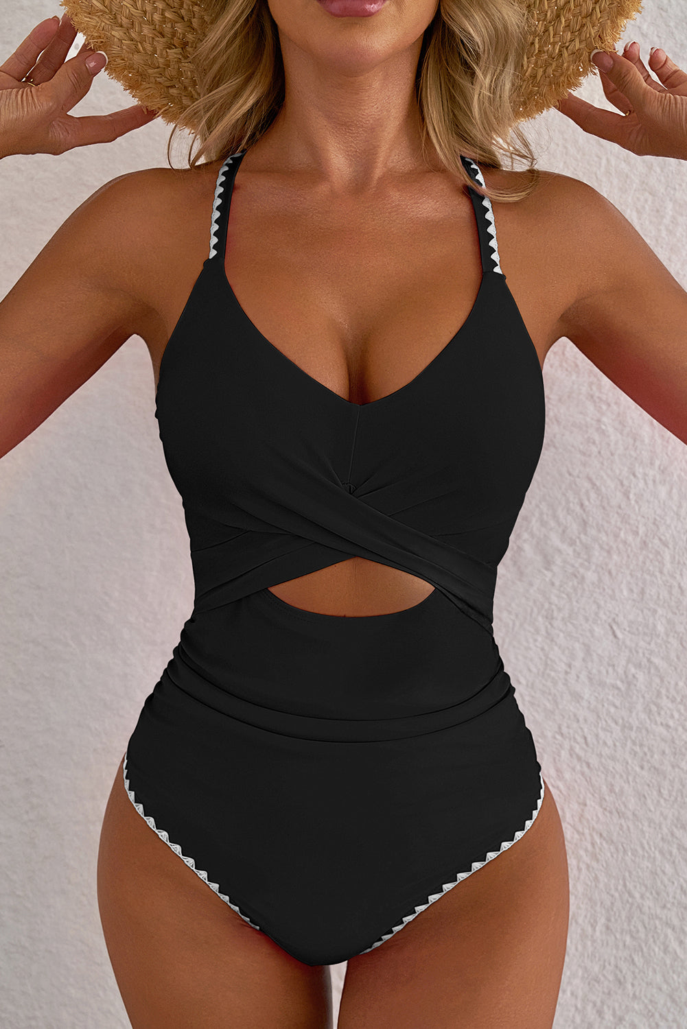 Rose Red Trim Contrasted Cutout One Piece Swimsuit