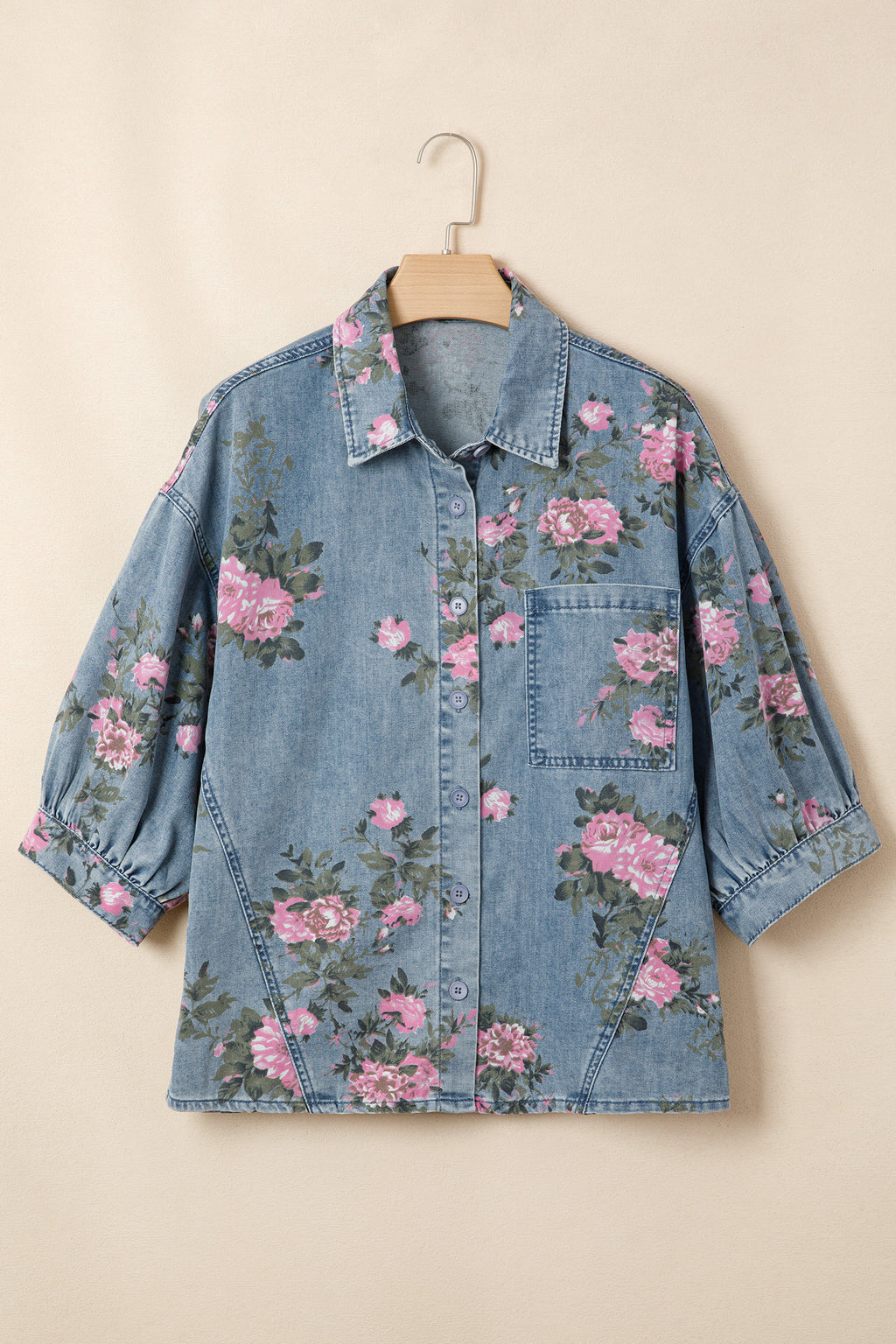Bracelet Sleeve Floral Denim Shirt