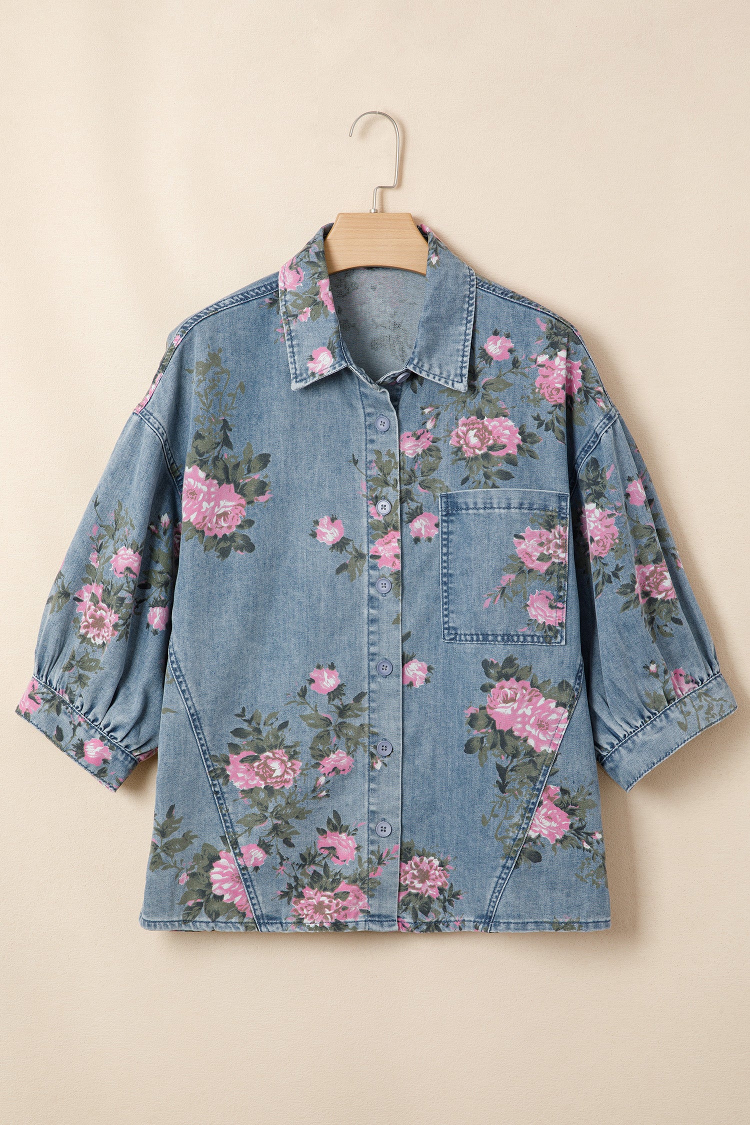 Bracelet Sleeve Floral Denim Shirt