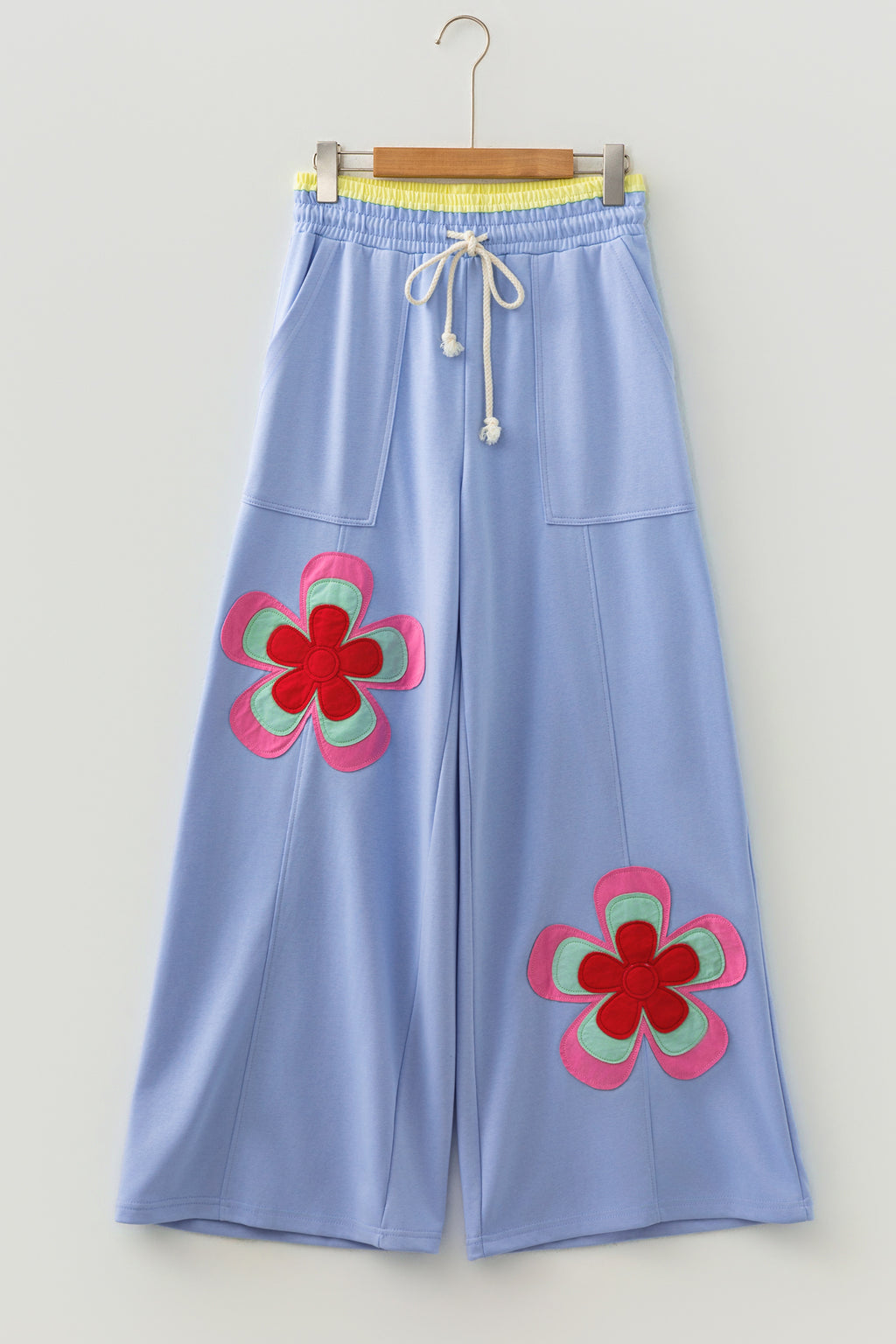 Sea Green Color Block Flower Patchwork Drawstring Contrasted Elastic Waist Wide Leg Pants