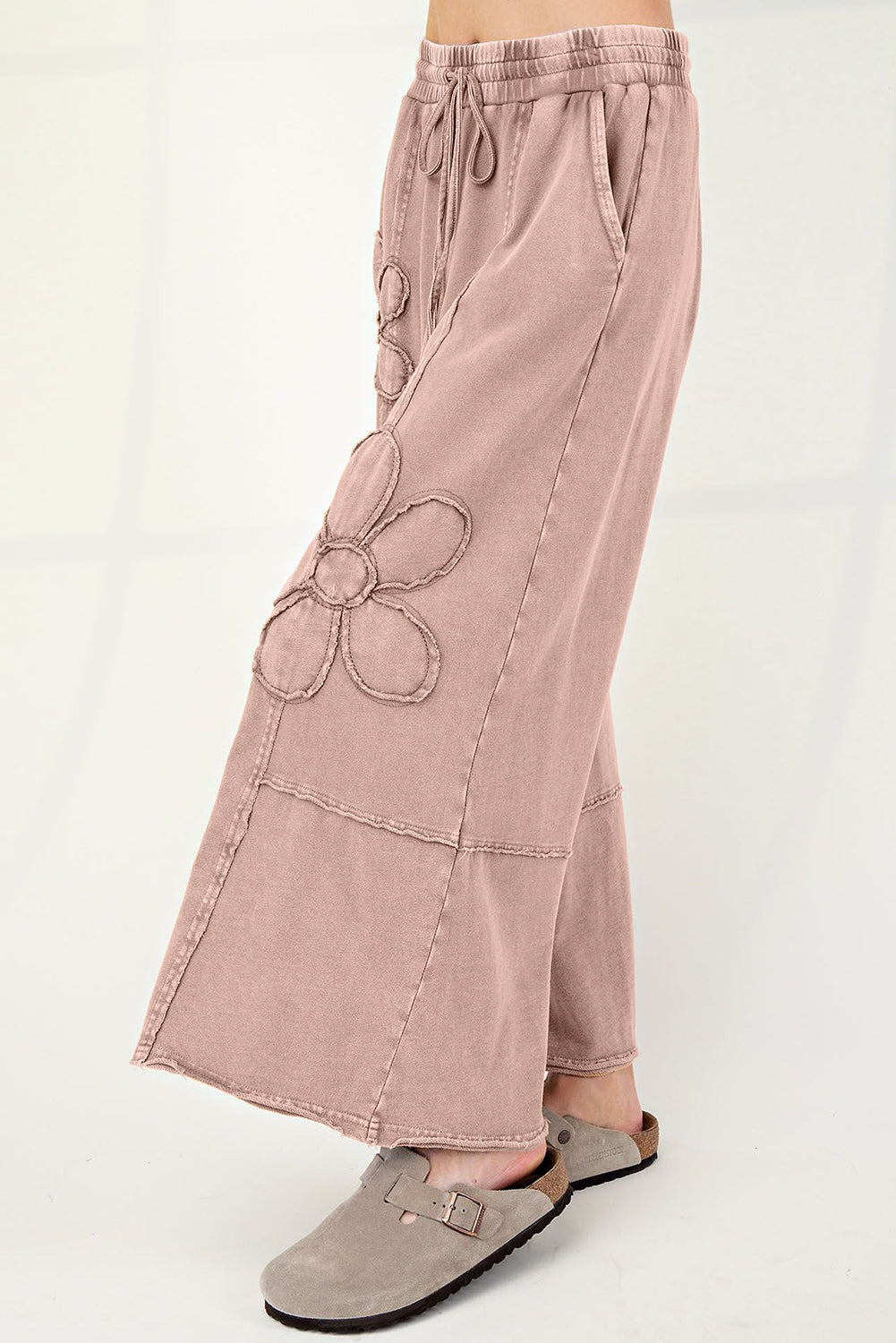 Washed Terry Knit Cropped Wide Leg Pants