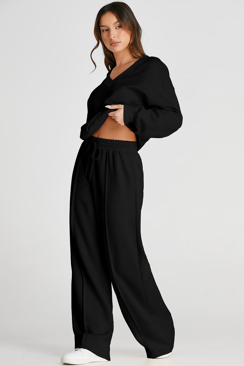 Black V Neck Cropped Seamed High Waist